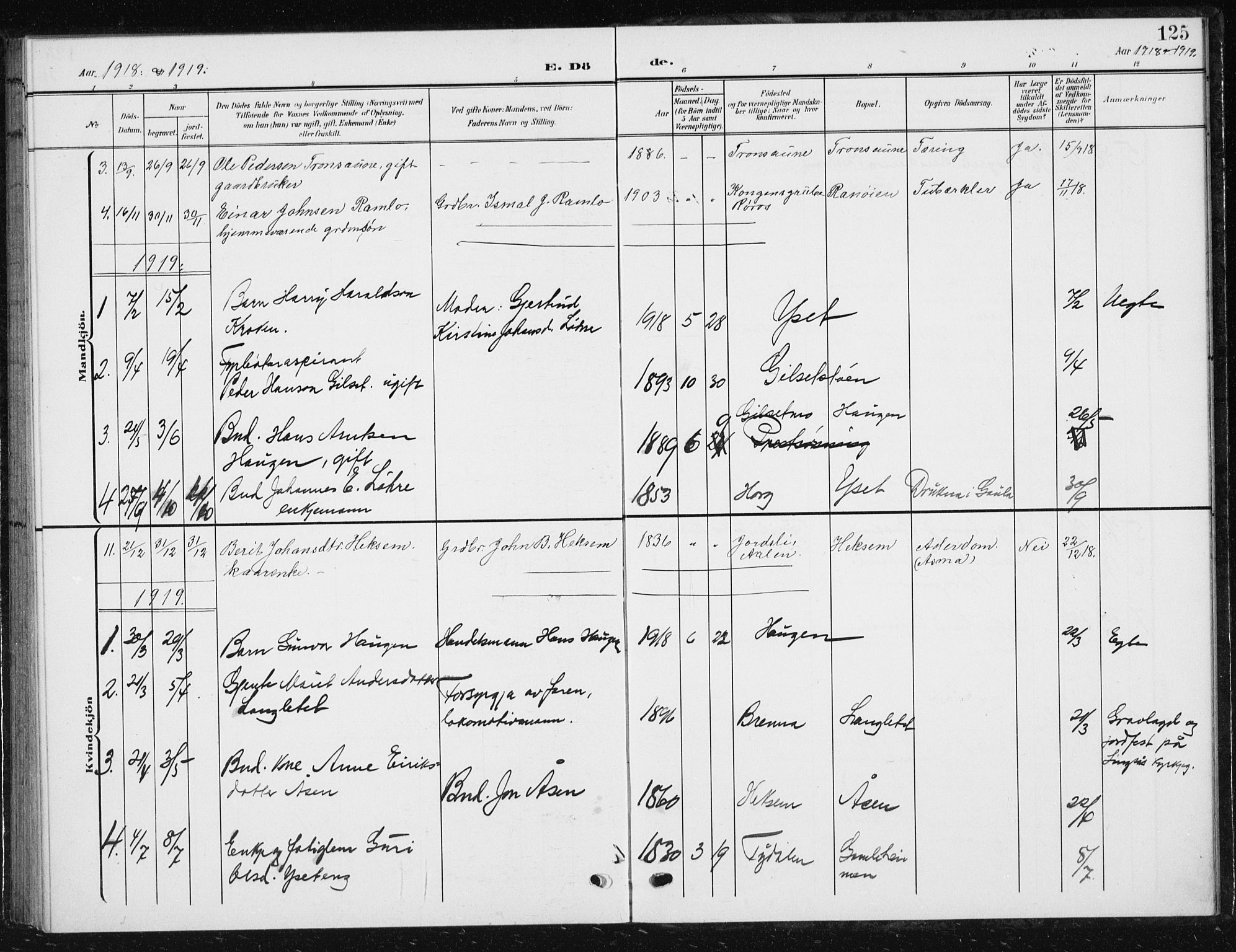 Ministerialprotokoller, klokkerbøker og fødselsregistre - Sør-Trøndelag, AV/SAT-A-1456/685/L0979: Parish register (copy) no. 685C04, 1908-1933, p. 125