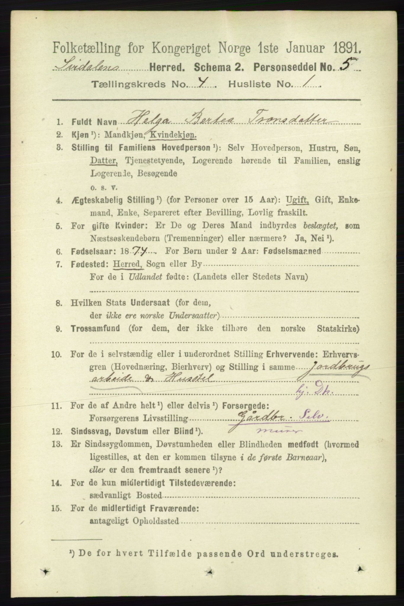 RA, 1891 census for 1046 Sirdal, 1891, p. 939