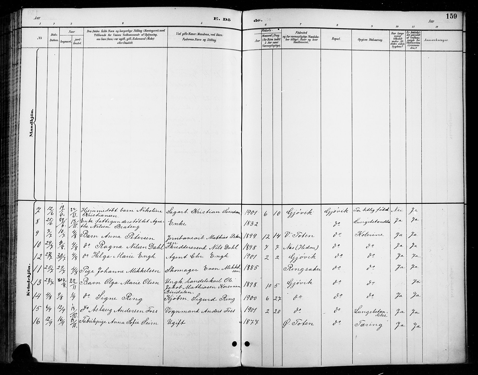Vardal prestekontor, SAH/PREST-100/H/Ha/Haa/L0011: Parish register (official) no. 11, 1891-1901, p. 159