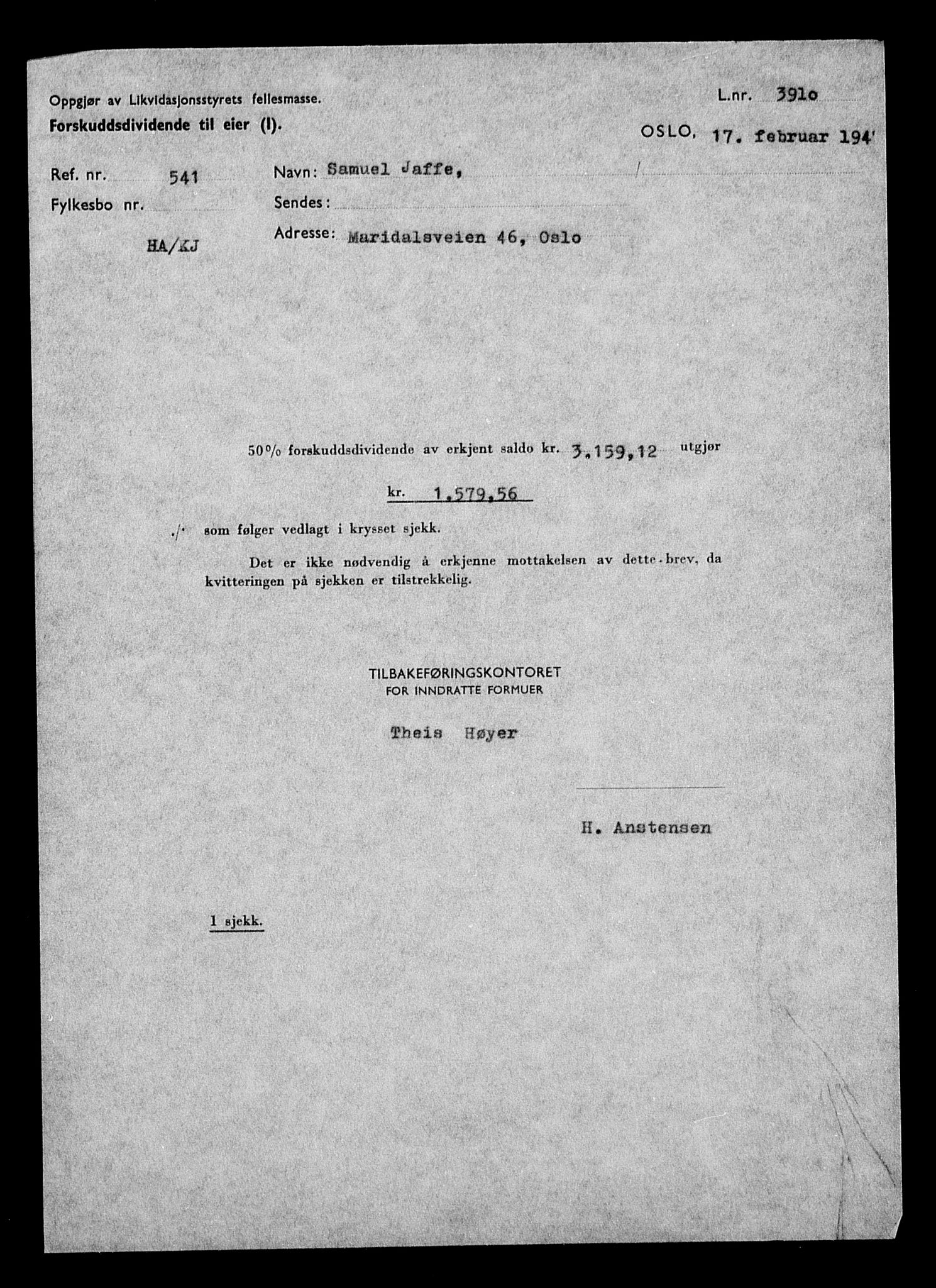 Justisdepartementet, Tilbakeføringskontoret for inndratte formuer, AV/RA-S-1564/H/Hc/Hcc/L0947: --, 1945-1947, p. 95