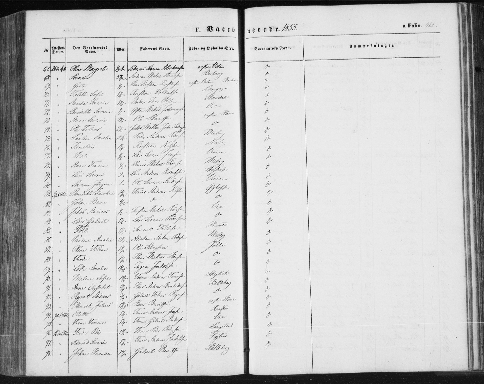 Lista sokneprestkontor, SAK/1111-0027/F/Fa/L0010: Parish register (official) no. A 10, 1846-1861, p. 462