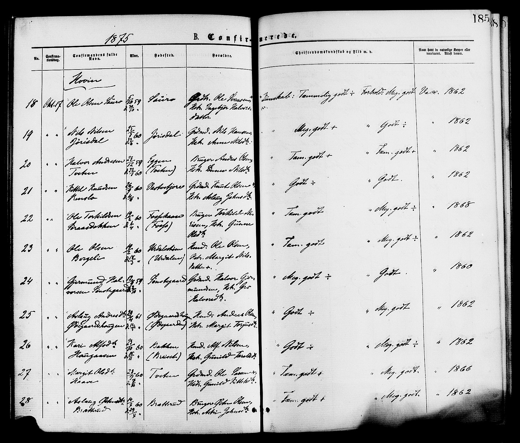 Gransherad kirkebøker, AV/SAKO-A-267/F/Fa/L0004: Parish register (official) no. I 4, 1871-1886, p. 185