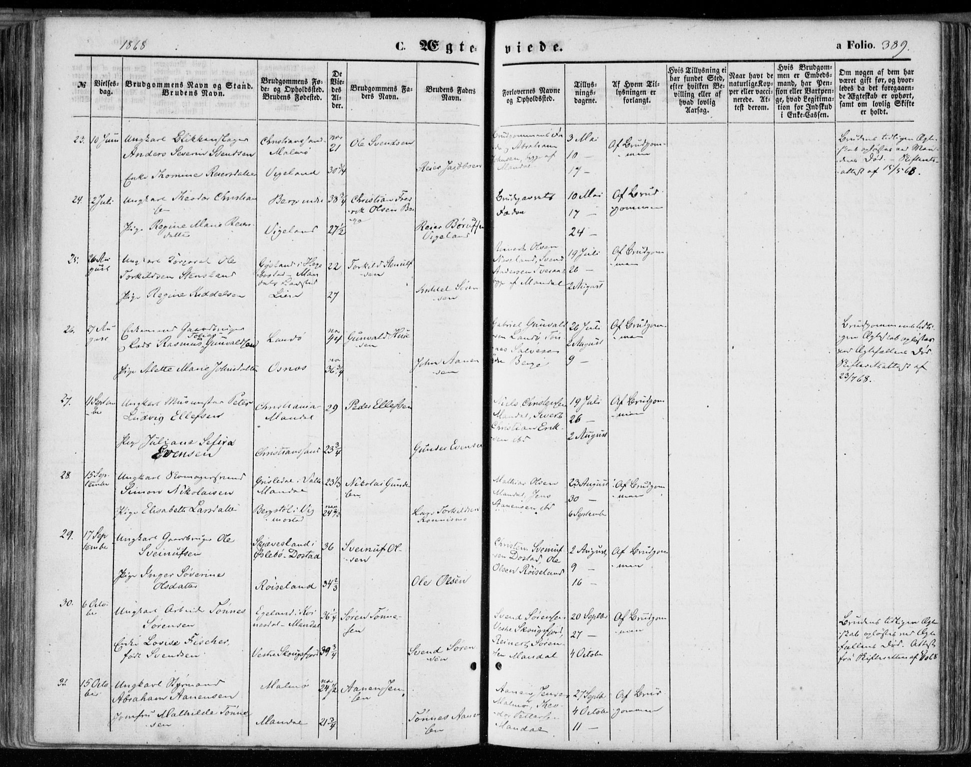 Mandal sokneprestkontor, AV/SAK-1111-0030/F/Fa/Faa/L0014: Parish register (official) no. A 14, 1859-1872, p. 389