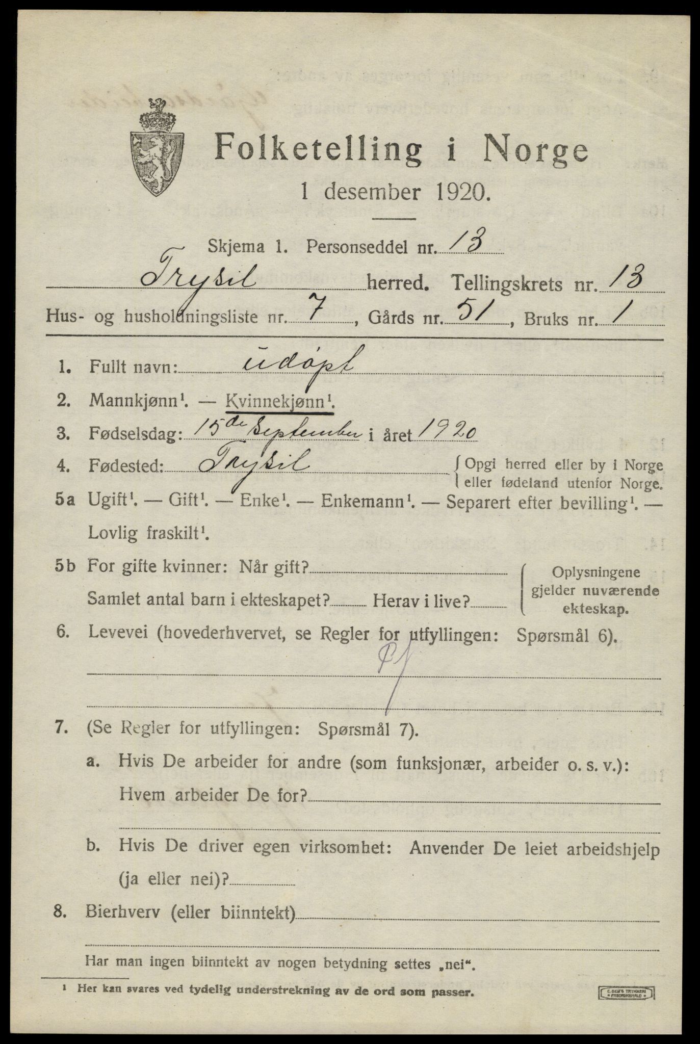 SAH, 1920 census for Trysil, 1920, p. 7717