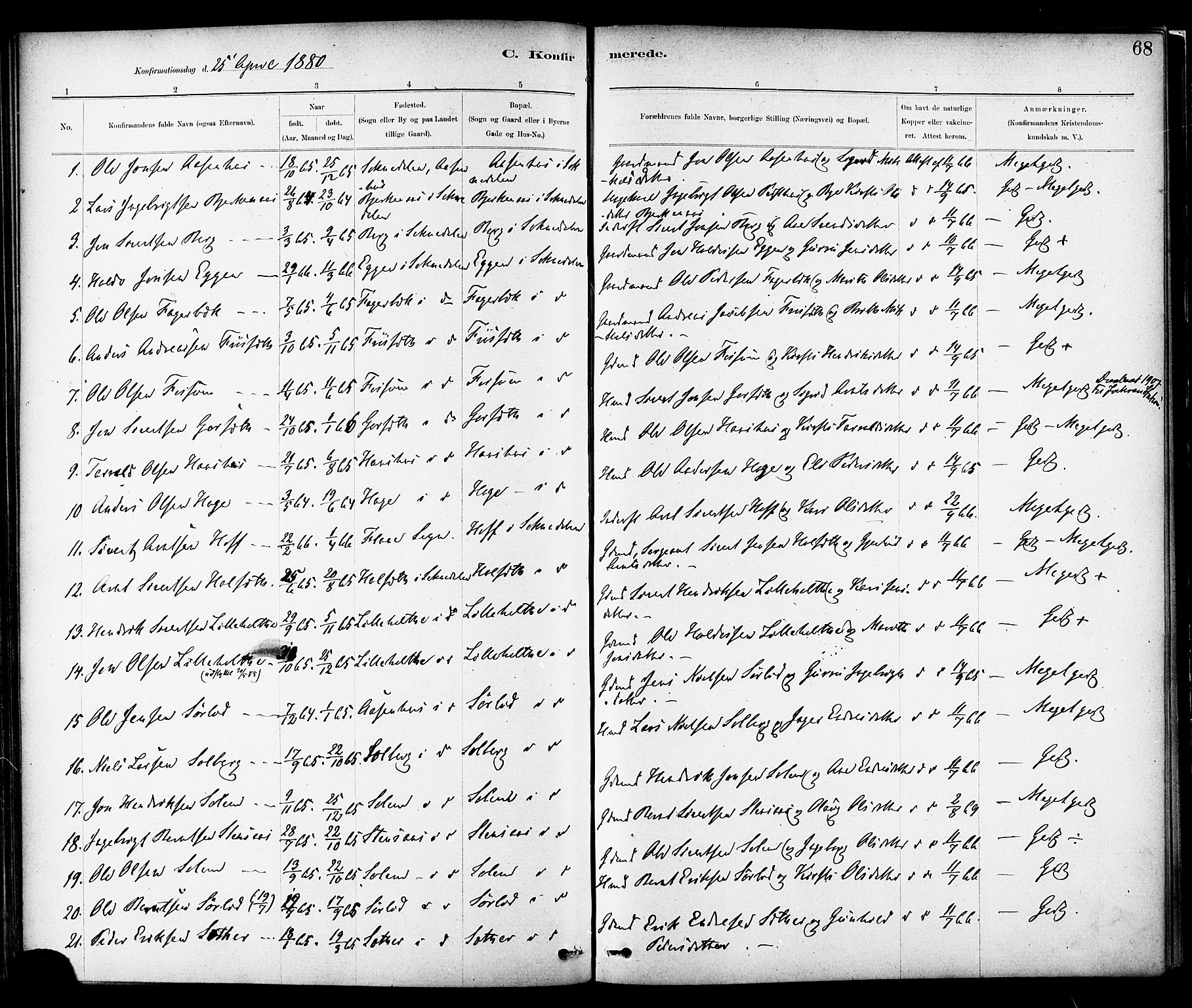 Ministerialprotokoller, klokkerbøker og fødselsregistre - Sør-Trøndelag, AV/SAT-A-1456/689/L1040: Parish register (official) no. 689A05, 1878-1890, p. 68