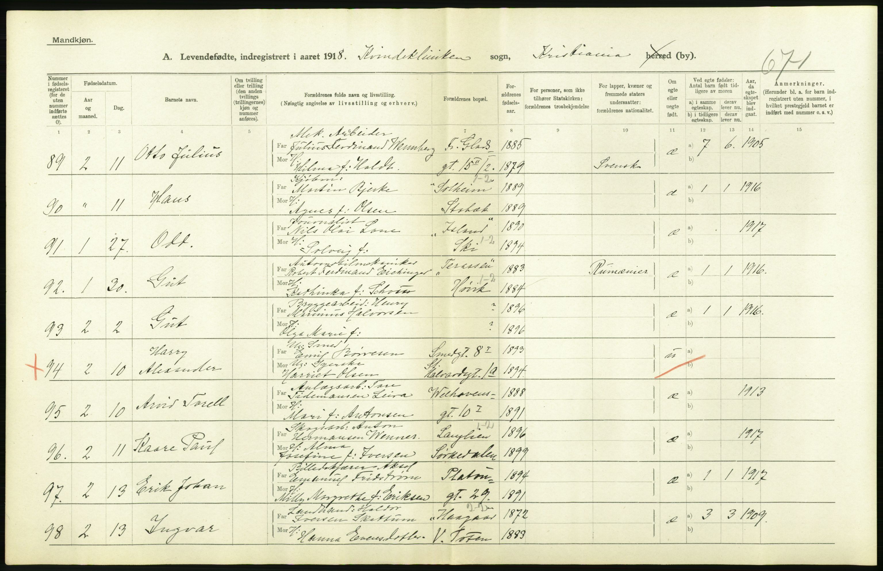 Statistisk sentralbyrå, Sosiodemografiske emner, Befolkning, AV/RA-S-2228/D/Df/Dfb/Dfbh/L0008: Kristiania: Levendefødte menn og kvinner., 1918, p. 408