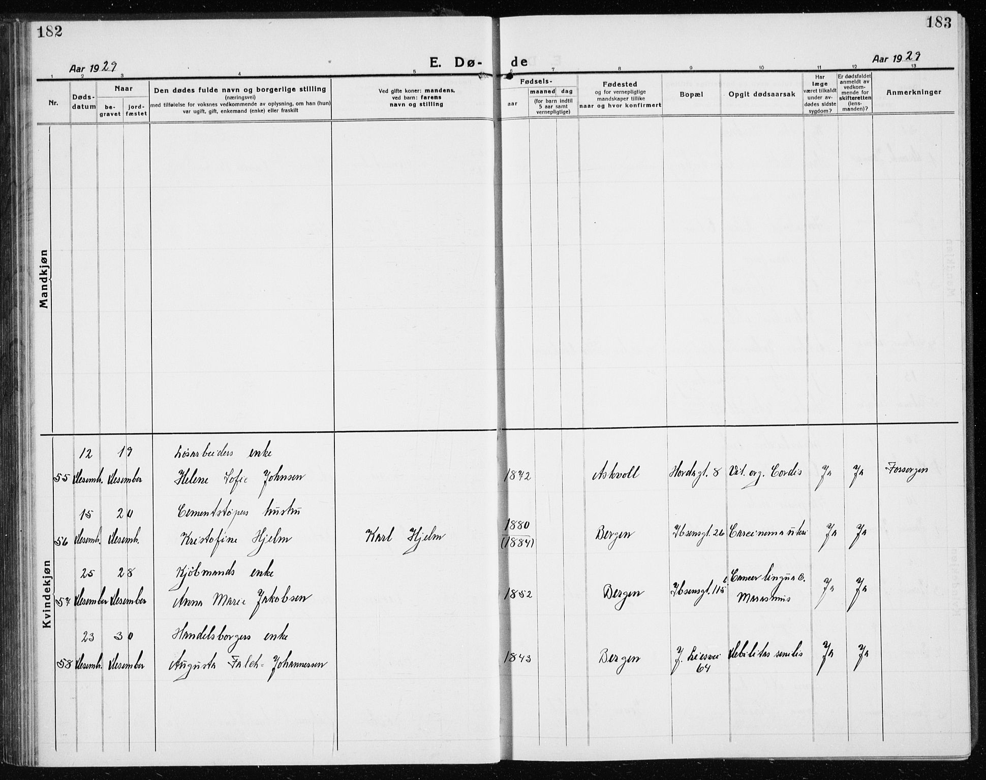 Årstad Sokneprestembete, AV/SAB-A-79301/H/Hab/L0025: Parish register (copy) no. D 2, 1922-1940, p. 182-183