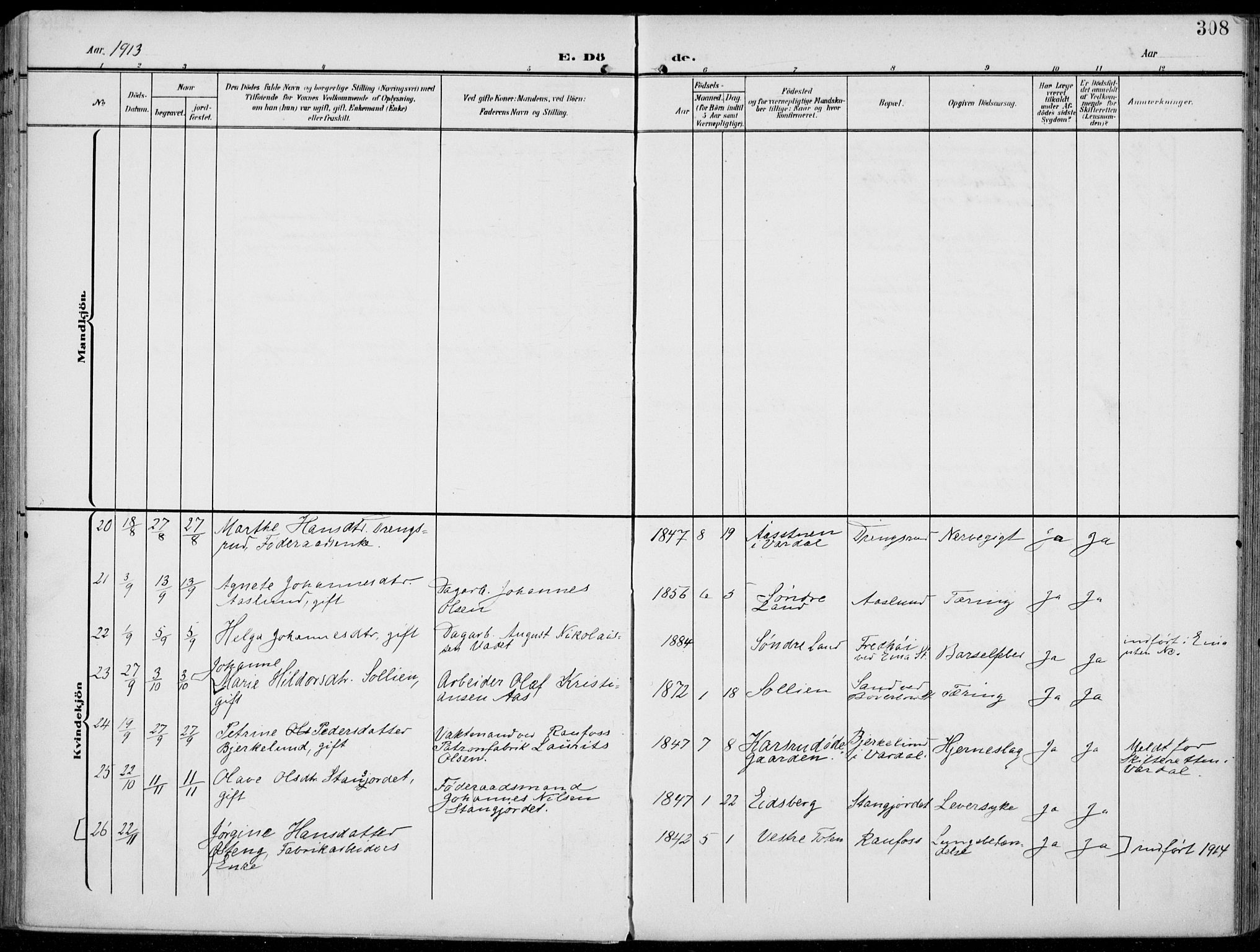 Vestre Toten prestekontor, AV/SAH-PREST-108/H/Ha/Haa/L0014: Parish register (official) no. 14, 1907-1920, p. 308