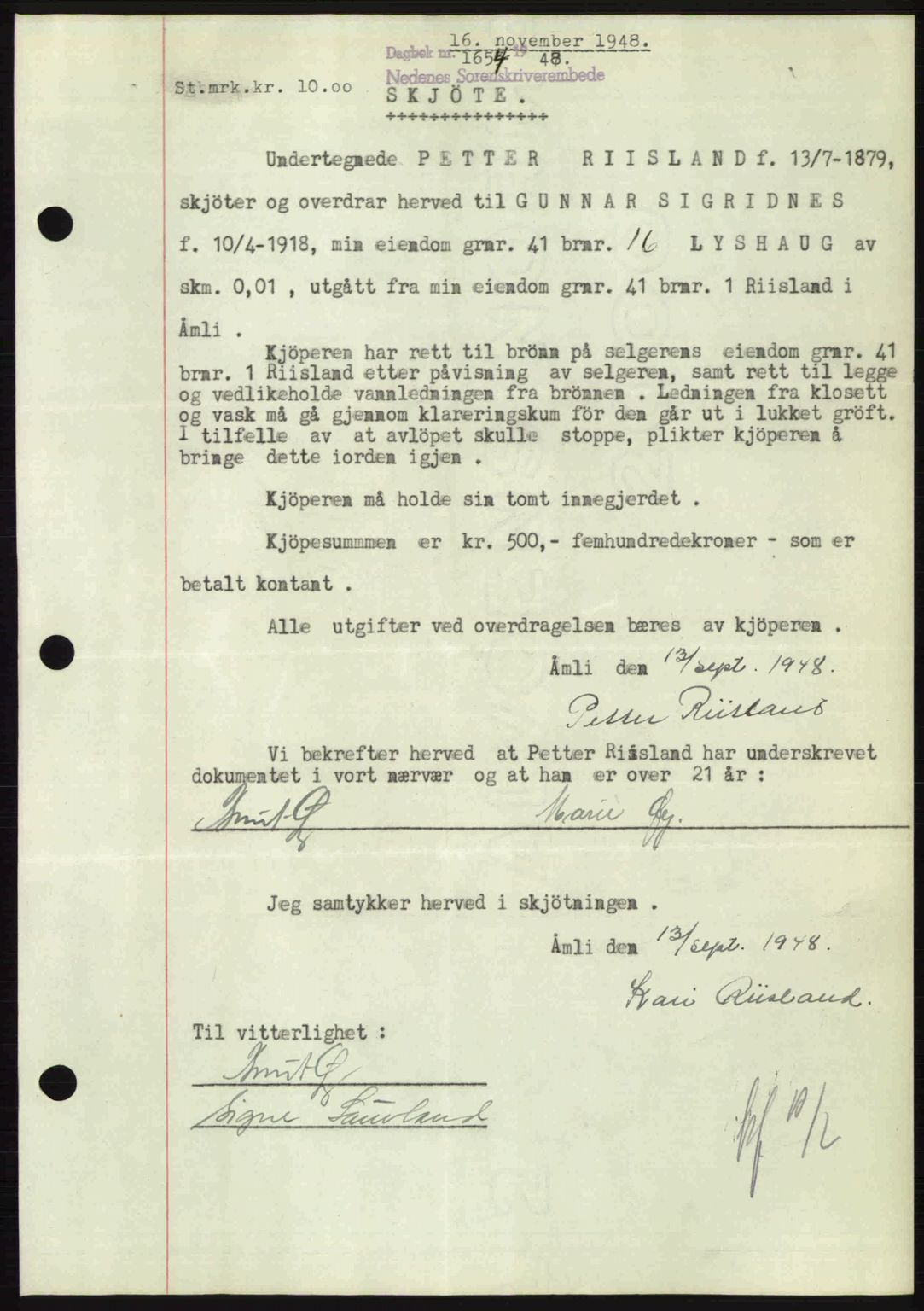 Nedenes sorenskriveri, SAK/1221-0006/G/Gb/Gba/L0060: Mortgage book no. A12, 1948-1949, Diary no: : 1654/1948