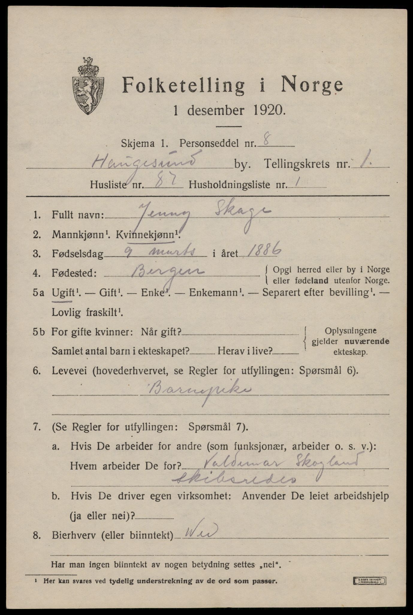 SAST, 1920 census for Haugesund, 1920, p. 12781