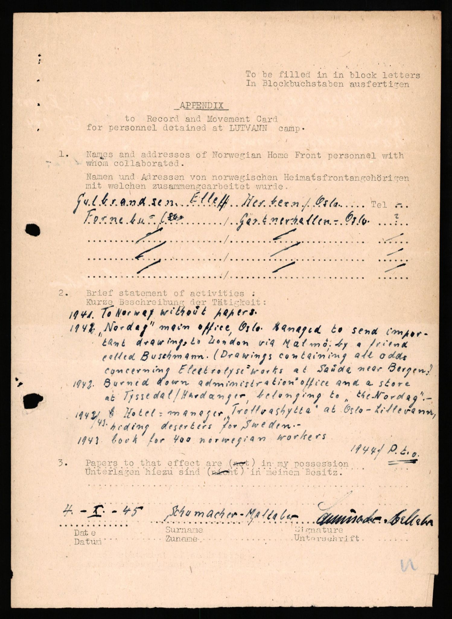 Forsvaret, Forsvarets overkommando II, RA/RAFA-3915/D/Db/L0030: CI Questionaires. Tyske okkupasjonsstyrker i Norge. Tyskere., 1945-1946, p. 466