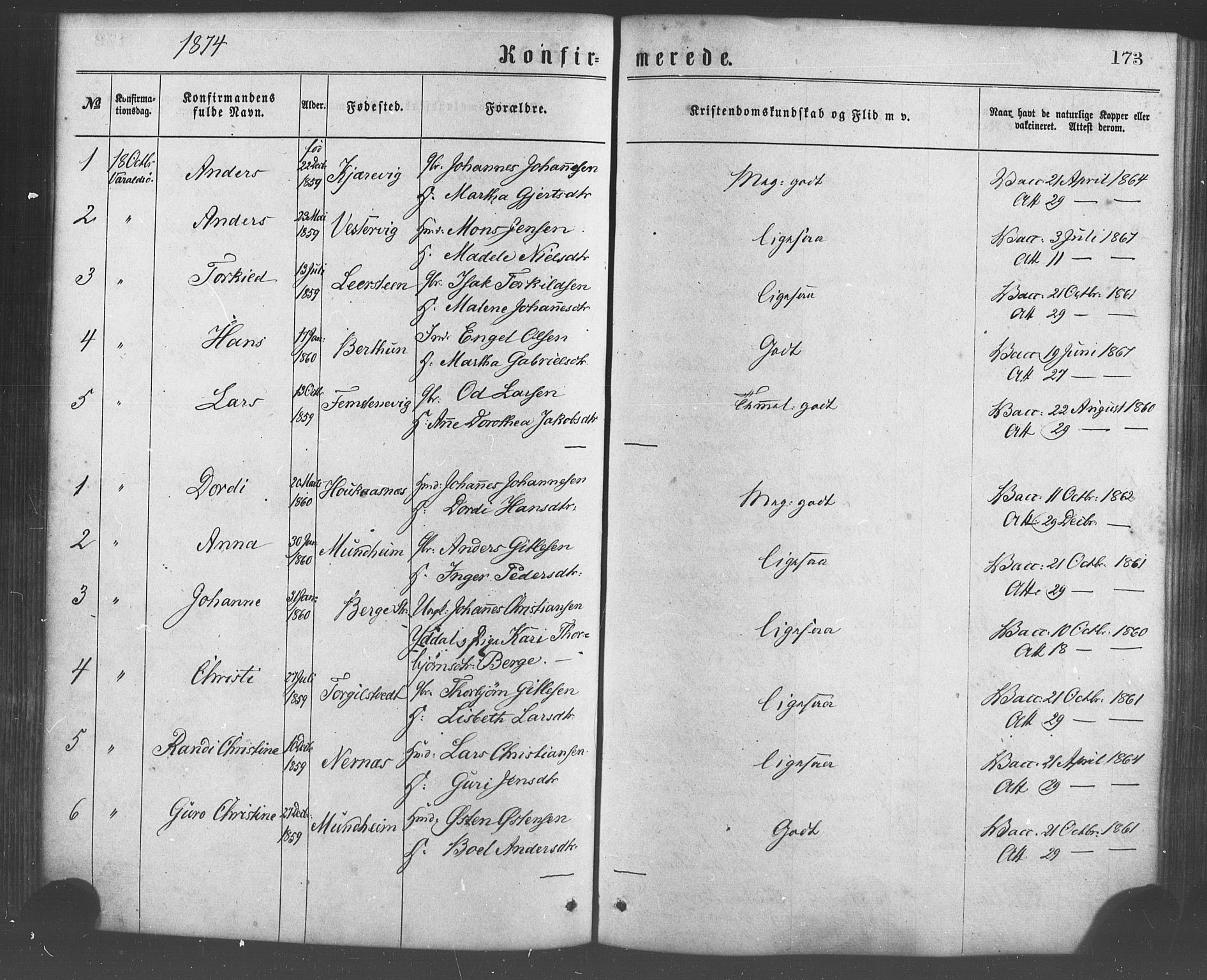 Strandebarm sokneprestembete, SAB/A-78401/H/Haa: Parish register (official) no. A 9, 1872-1886, p. 173