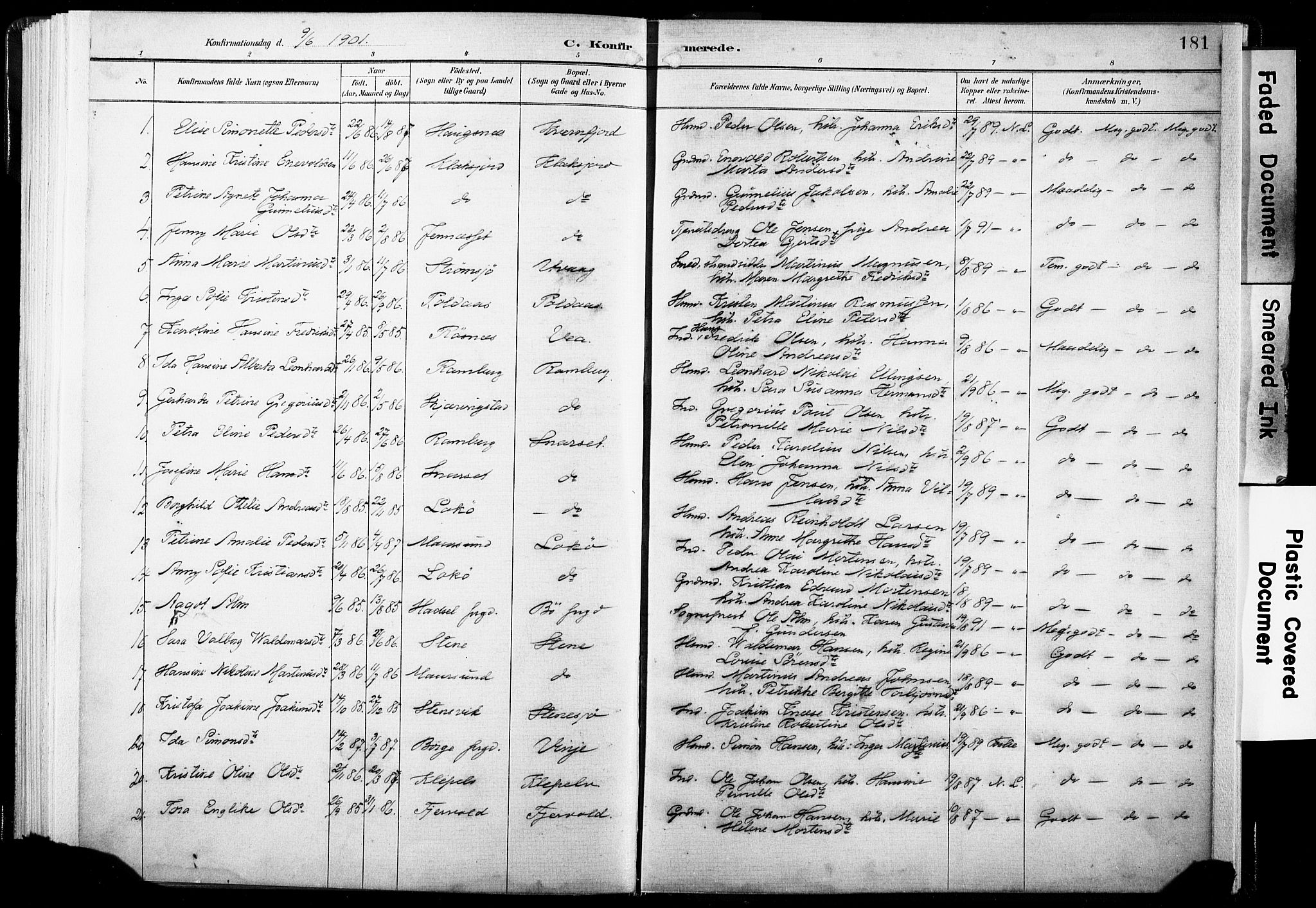 Ministerialprotokoller, klokkerbøker og fødselsregistre - Nordland, AV/SAT-A-1459/891/L1304: Parish register (official) no. 891A09, 1895-1921, p. 181