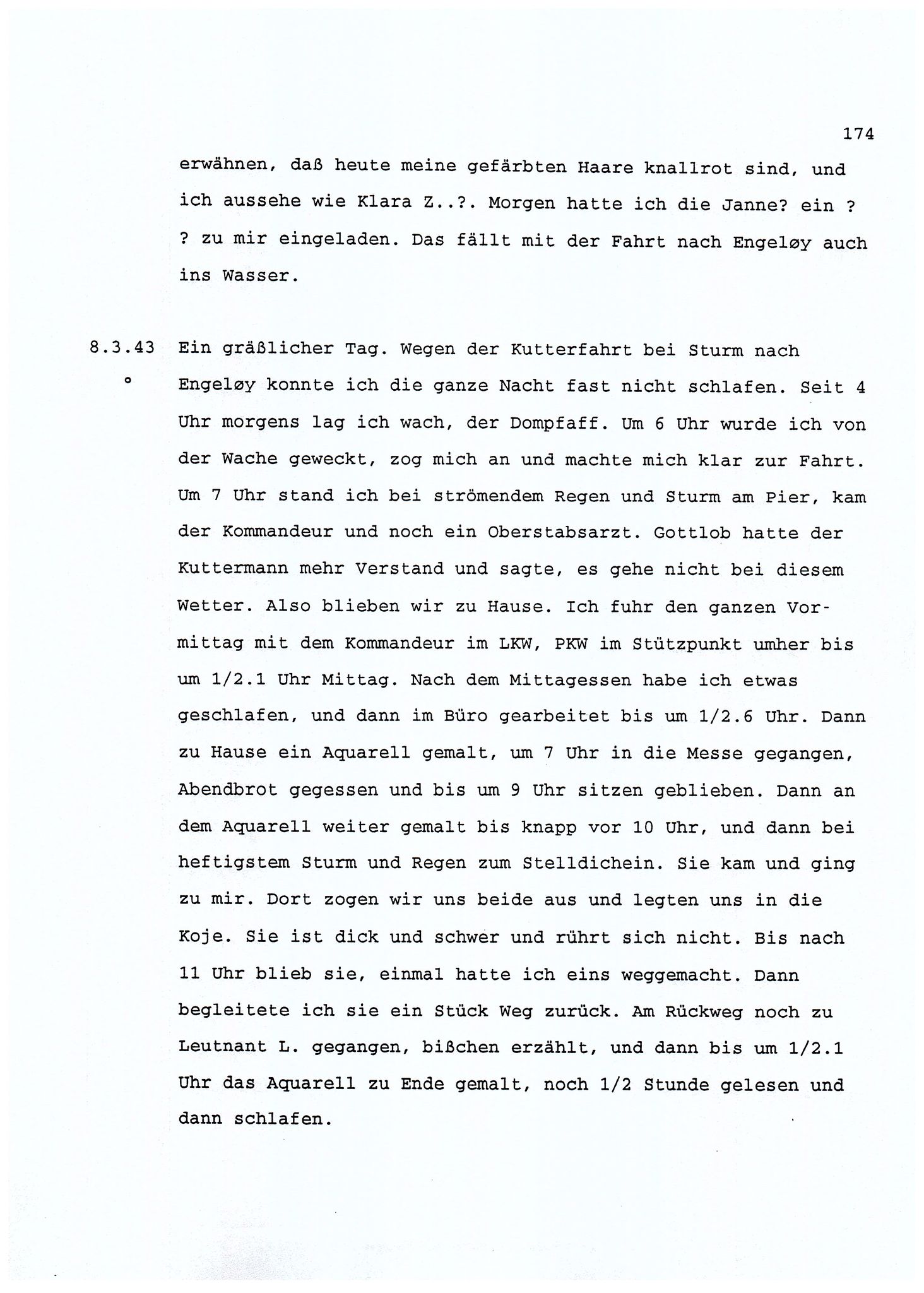 Dagbokopptegnelser av en tysk marineoffiser stasjonert i Norge , FMFB/A-1160/F/L0001: Dagbokopptegnelser av en tysk marineoffiser stasjonert i Norge, 1941-1944, p. 174