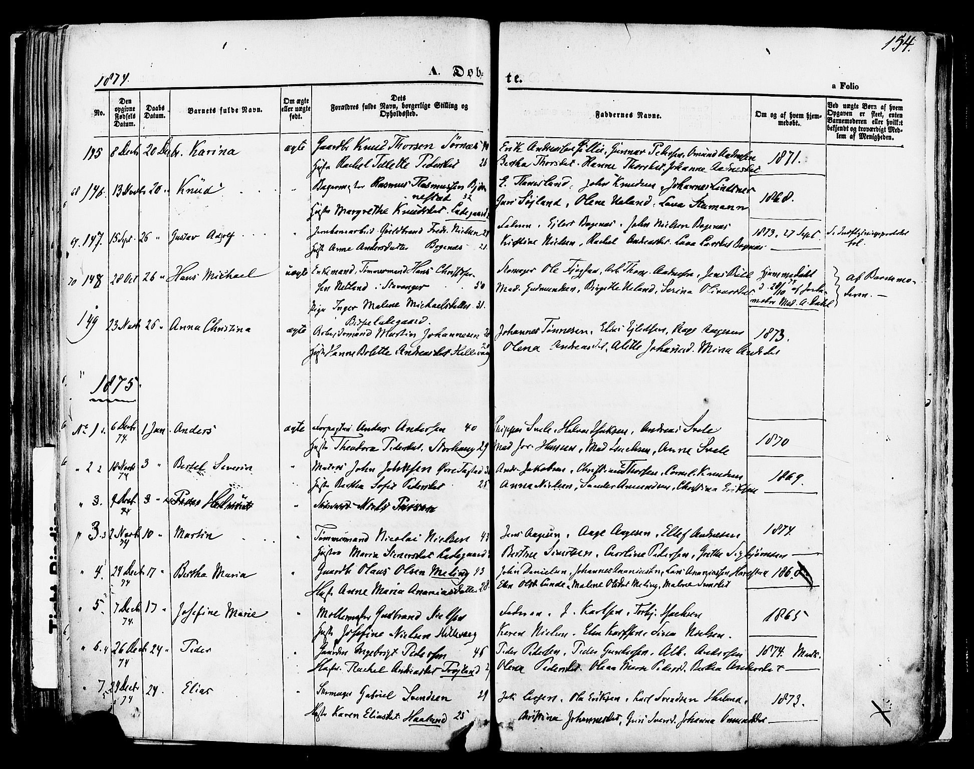 Hetland sokneprestkontor, SAST/A-101826/30/30BA/L0003: Parish register (official) no. A 3, 1862-1876, p. 154