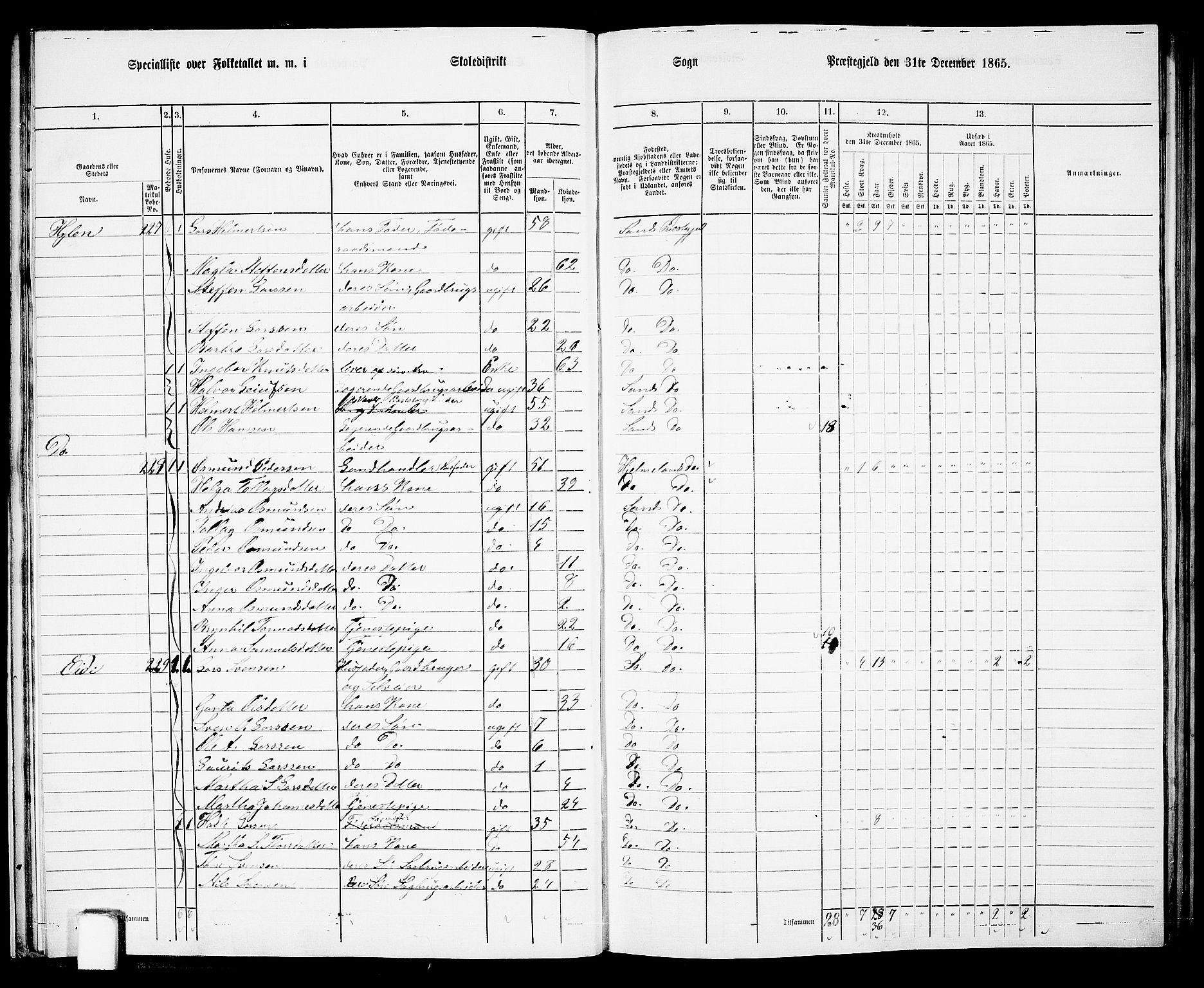 RA, 1865 census for Sand, 1865, p. 28