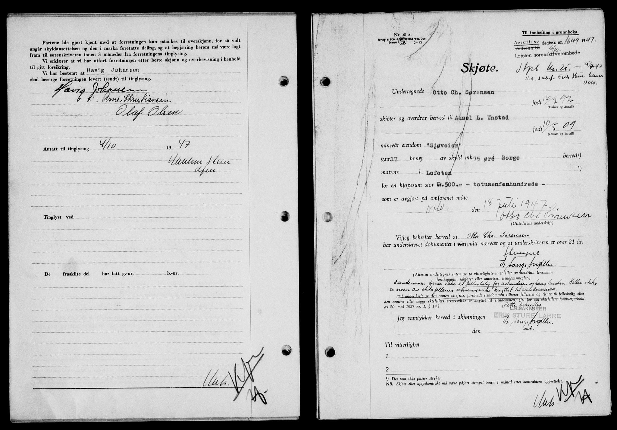 Lofoten sorenskriveri, SAT/A-0017/1/2/2C/L0017a: Mortgage book no. 17a, 1947-1948, Diary no: : 1649/1947