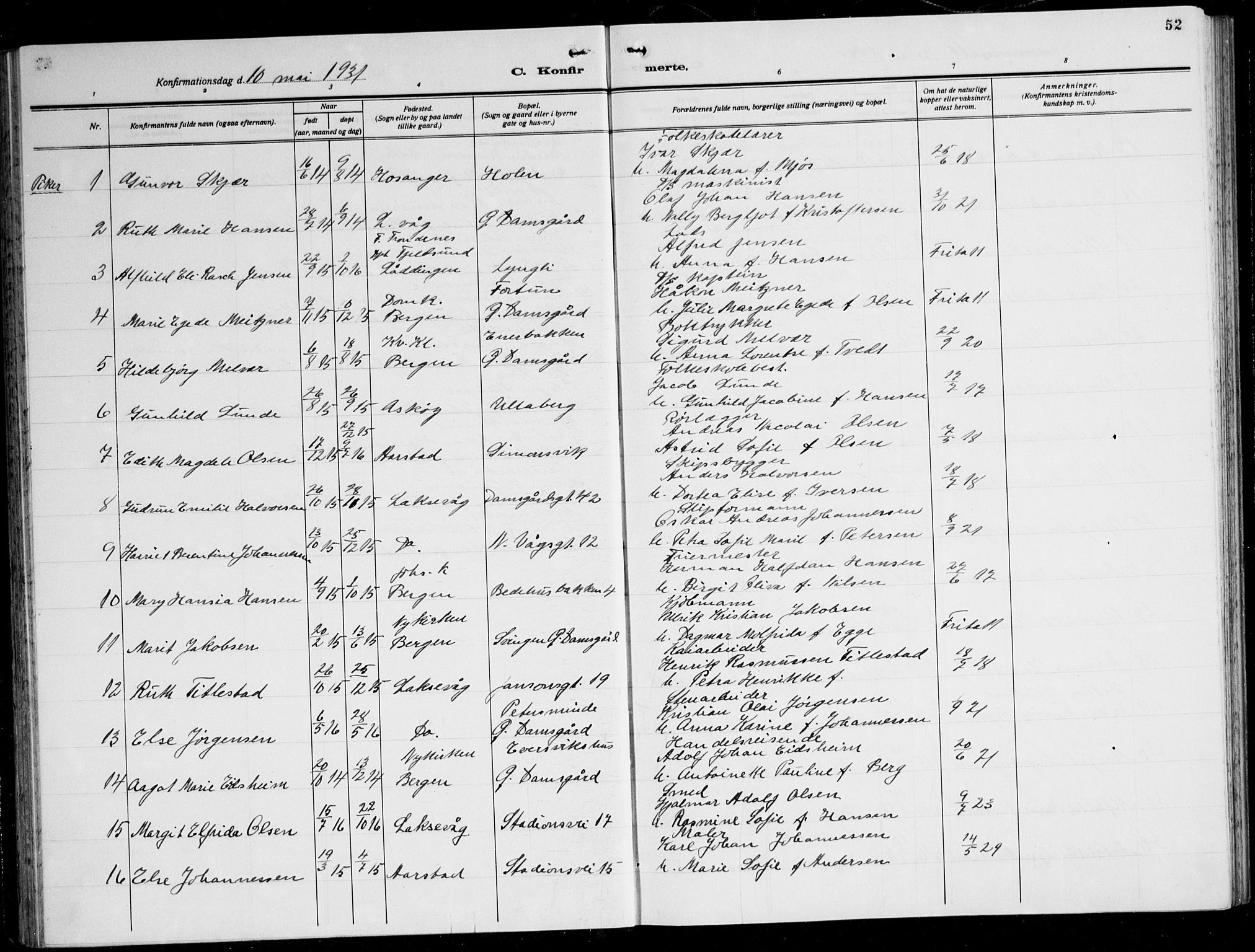 Laksevåg Sokneprestembete, AV/SAB-A-76501/H/Ha/Hab/Haba: Parish register (copy) no. A 10, 1925-1942, p. 52