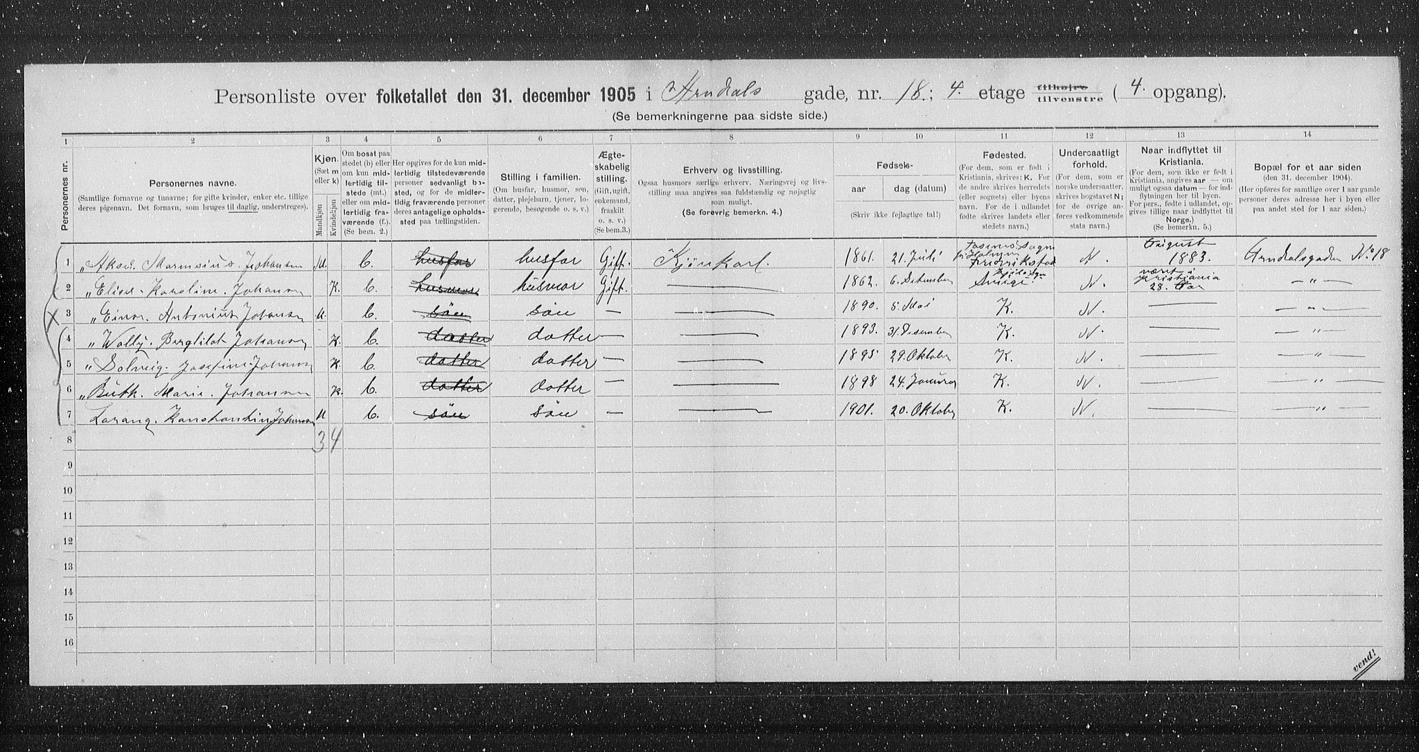 OBA, Municipal Census 1905 for Kristiania, 1905, p. 1105