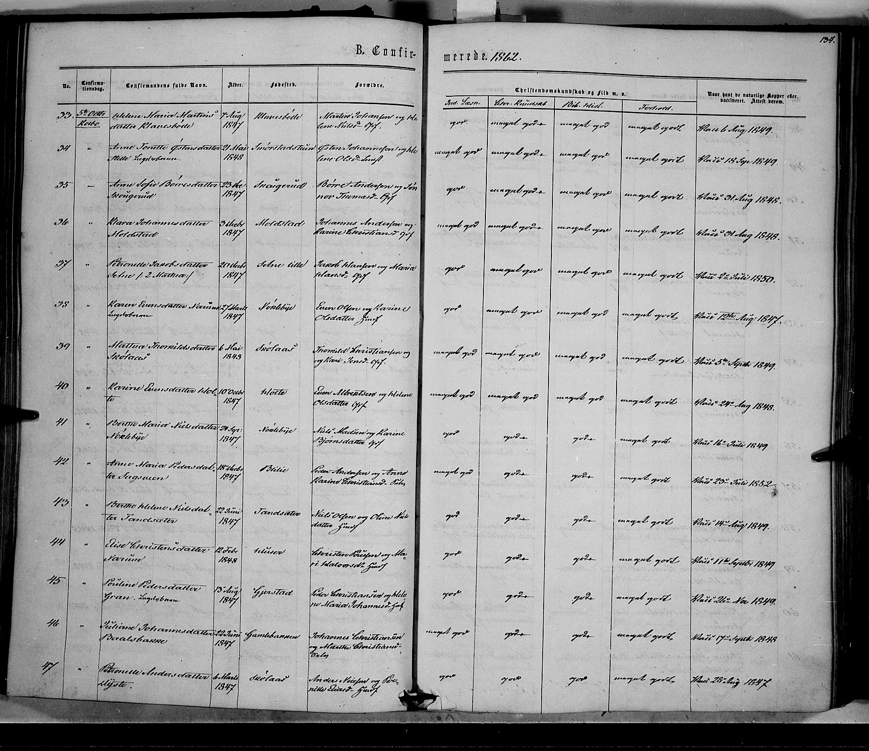 Vestre Toten prestekontor, AV/SAH-PREST-108/H/Ha/Haa/L0007: Parish register (official) no. 7, 1862-1869, p. 134