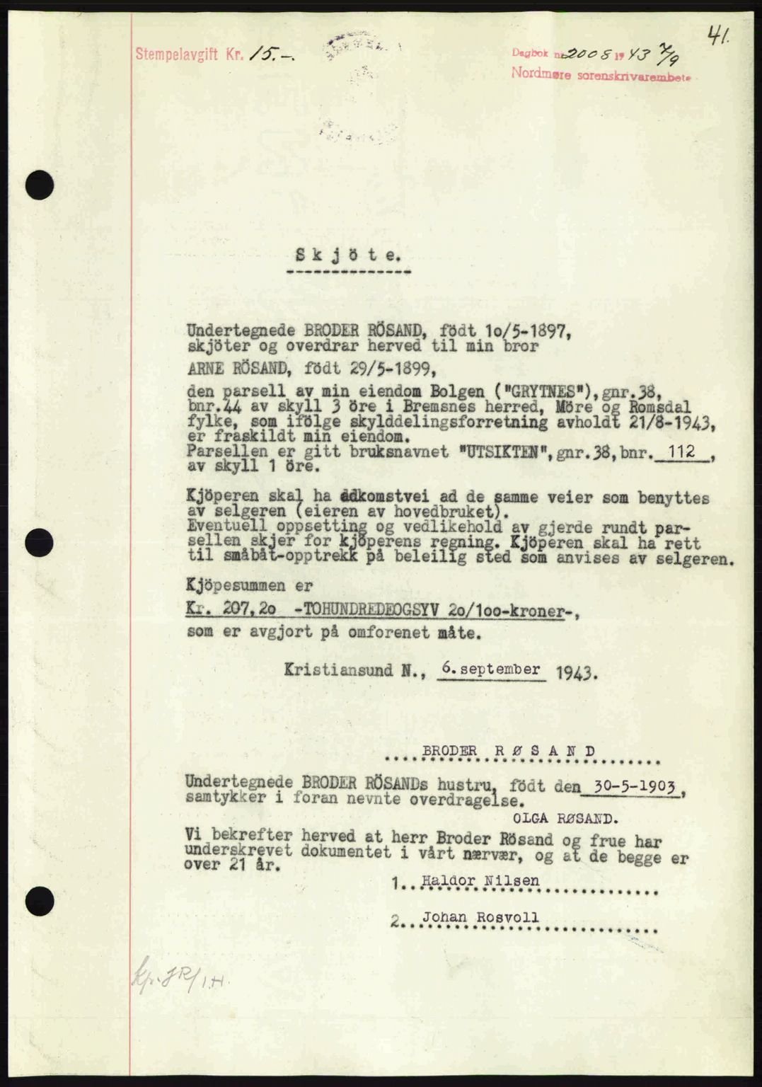Nordmøre sorenskriveri, SAT/A-4132/1/2/2Ca: Mortgage book no. A96, 1943-1944, Diary no: : 2008/1943
