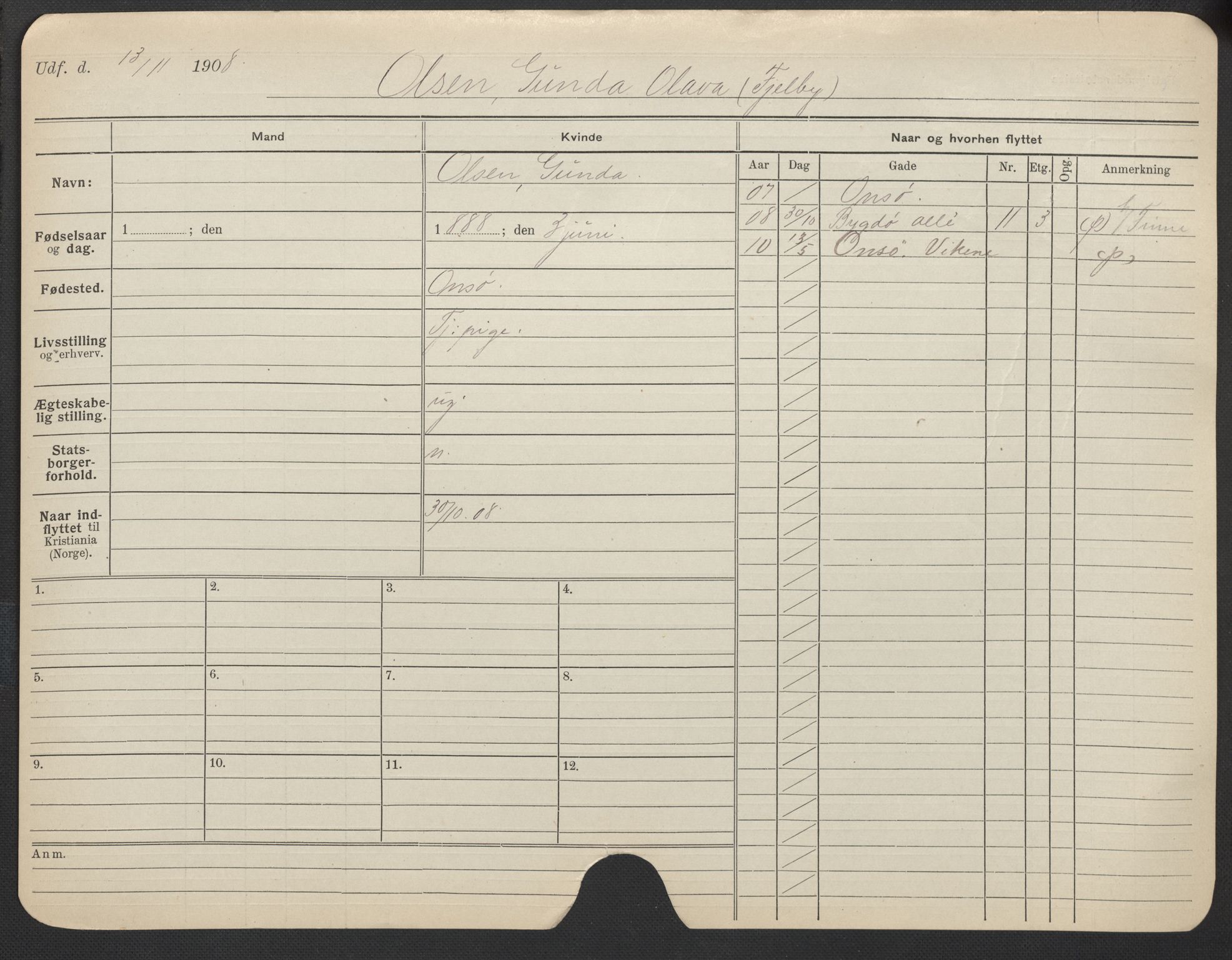 Oslo folkeregister, Registerkort, SAO/A-11715/F/Fa/Fac/L0021: Kvinner, 1906-1914, p. 1075a