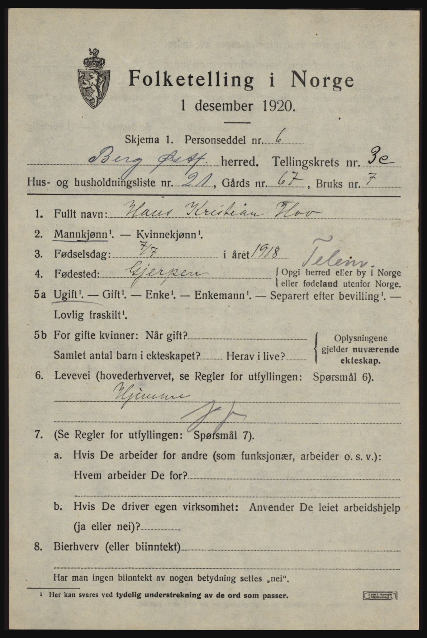 SAO, 1920 census for Berg, 1920, p. 7333