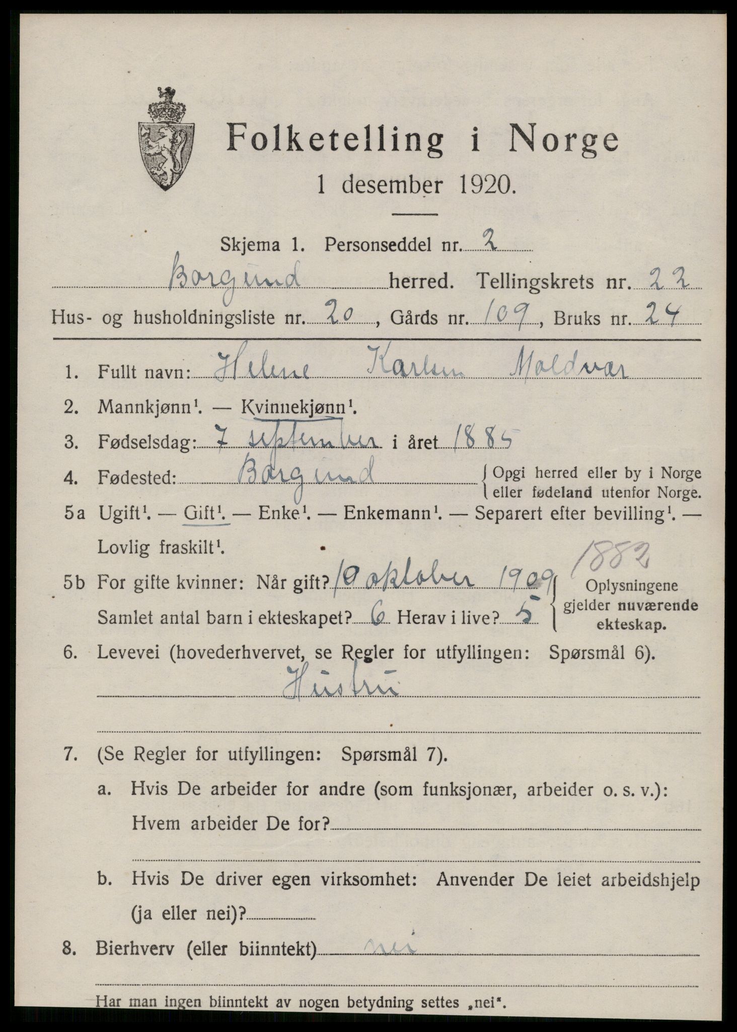 SAT, 1920 census for Borgund, 1920, p. 15412