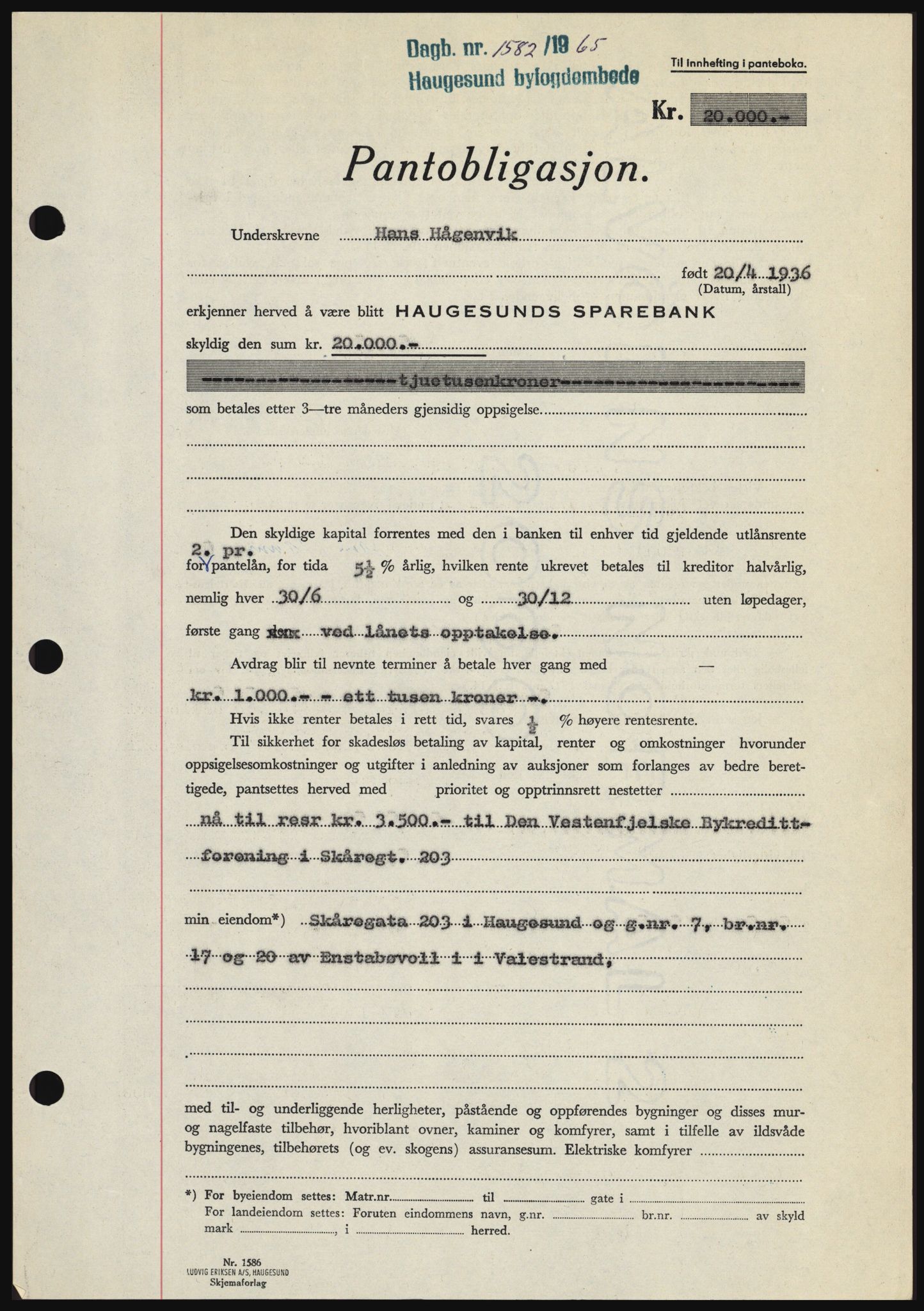 Haugesund tingrett, SAST/A-101415/01/II/IIC/L0053: Mortgage book no. B 53, 1965-1965, Diary no: : 1582/1965