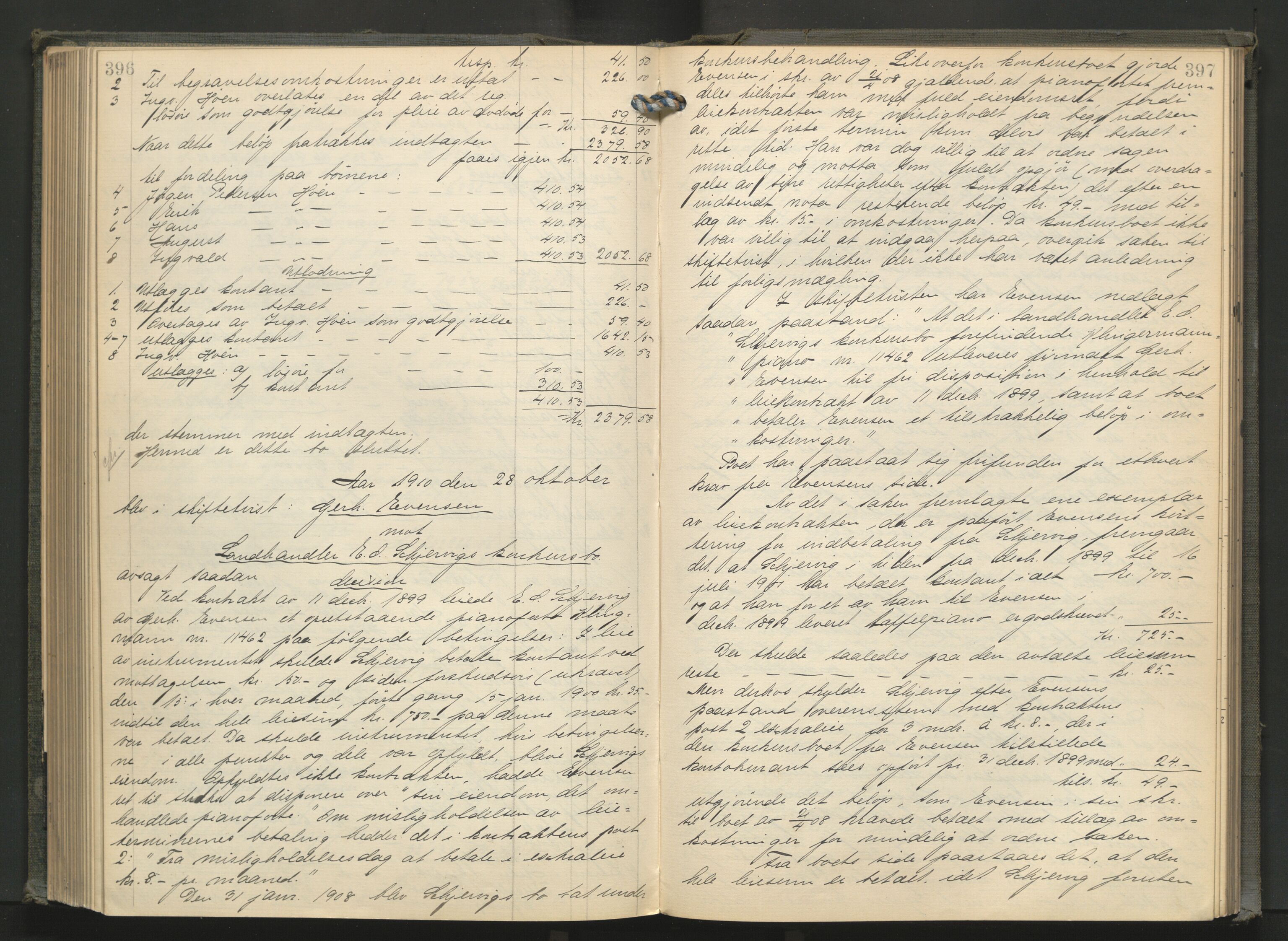 Aker kriminaldommer, skifte- og auksjonsforvalterembete, AV/SAO-A-10452/H/He/L0003: Utlodningsprotokoll, 1907-1911, p. 396-397