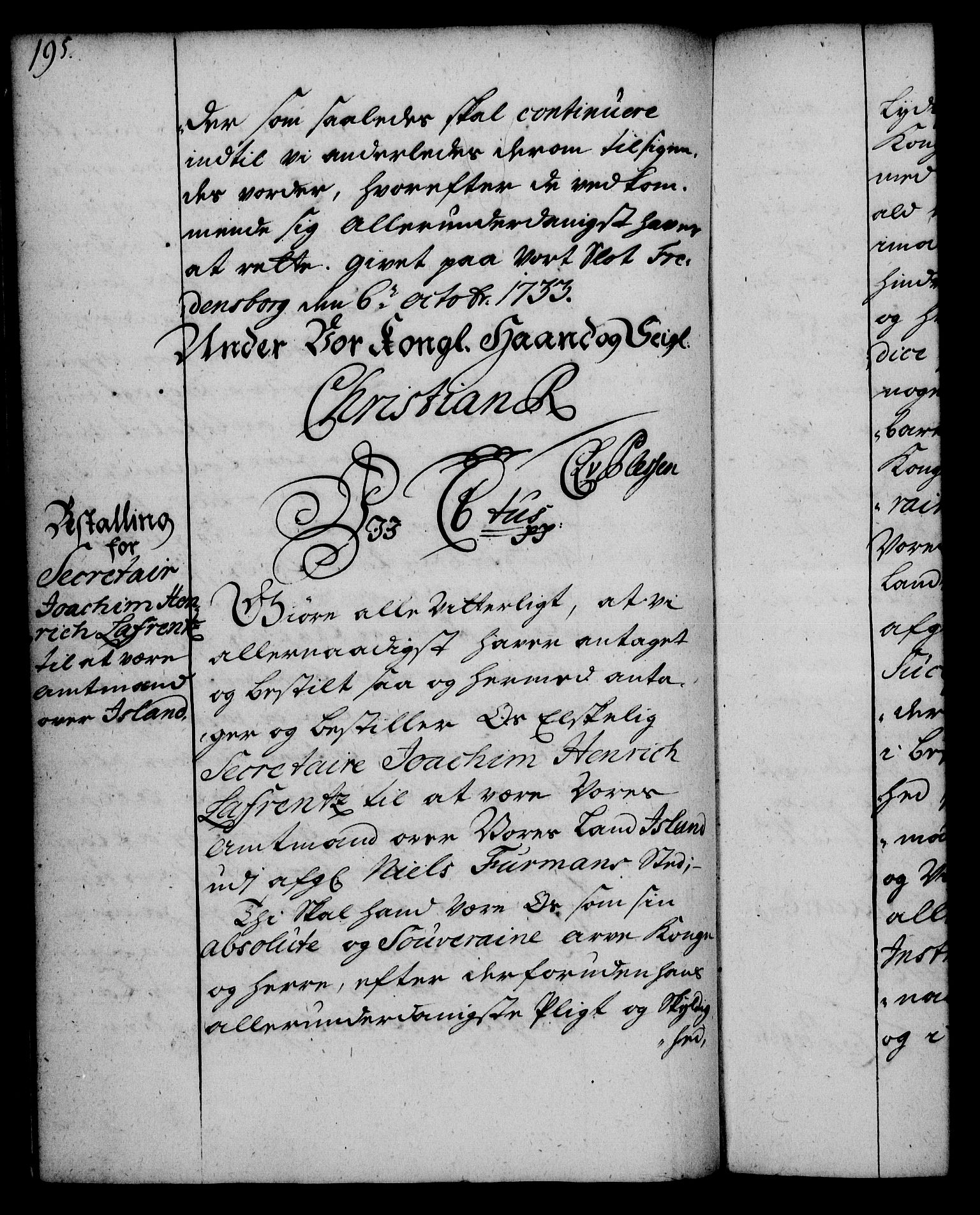 Rentekammeret, Kammerkanselliet, RA/EA-3111/G/Gg/Gge/L0002: Norsk bestallingsprotokoll med register (merket RK 53.26), 1730-1744, p. 195