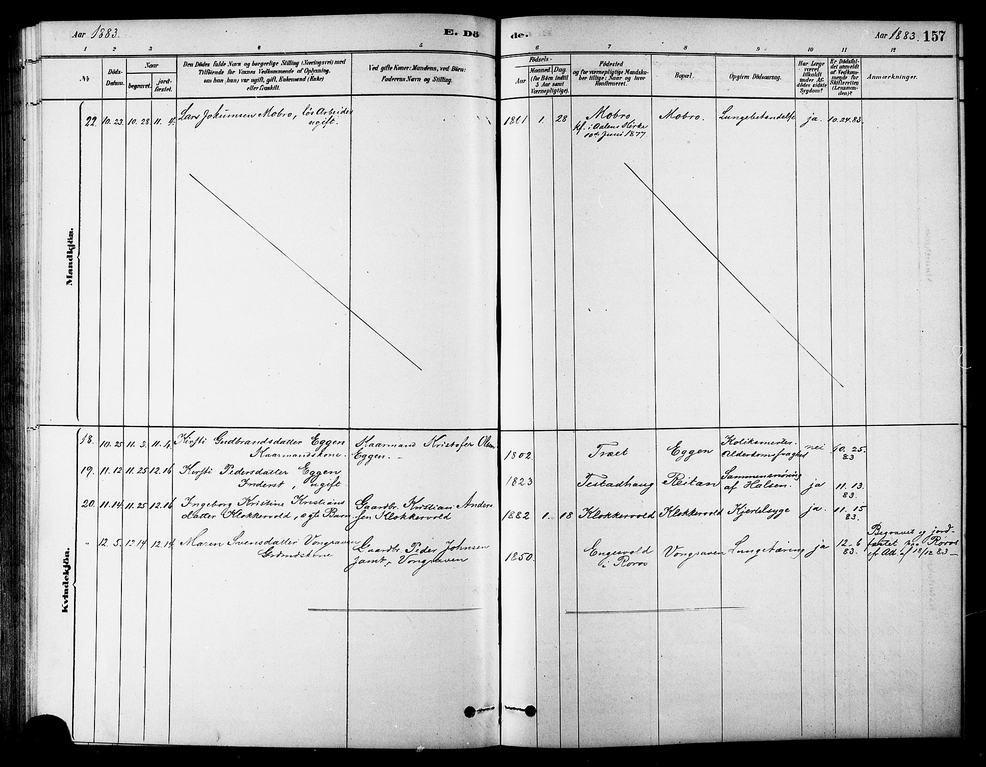 Ministerialprotokoller, klokkerbøker og fødselsregistre - Sør-Trøndelag, SAT/A-1456/686/L0983: Parish register (official) no. 686A01, 1879-1890, p. 157