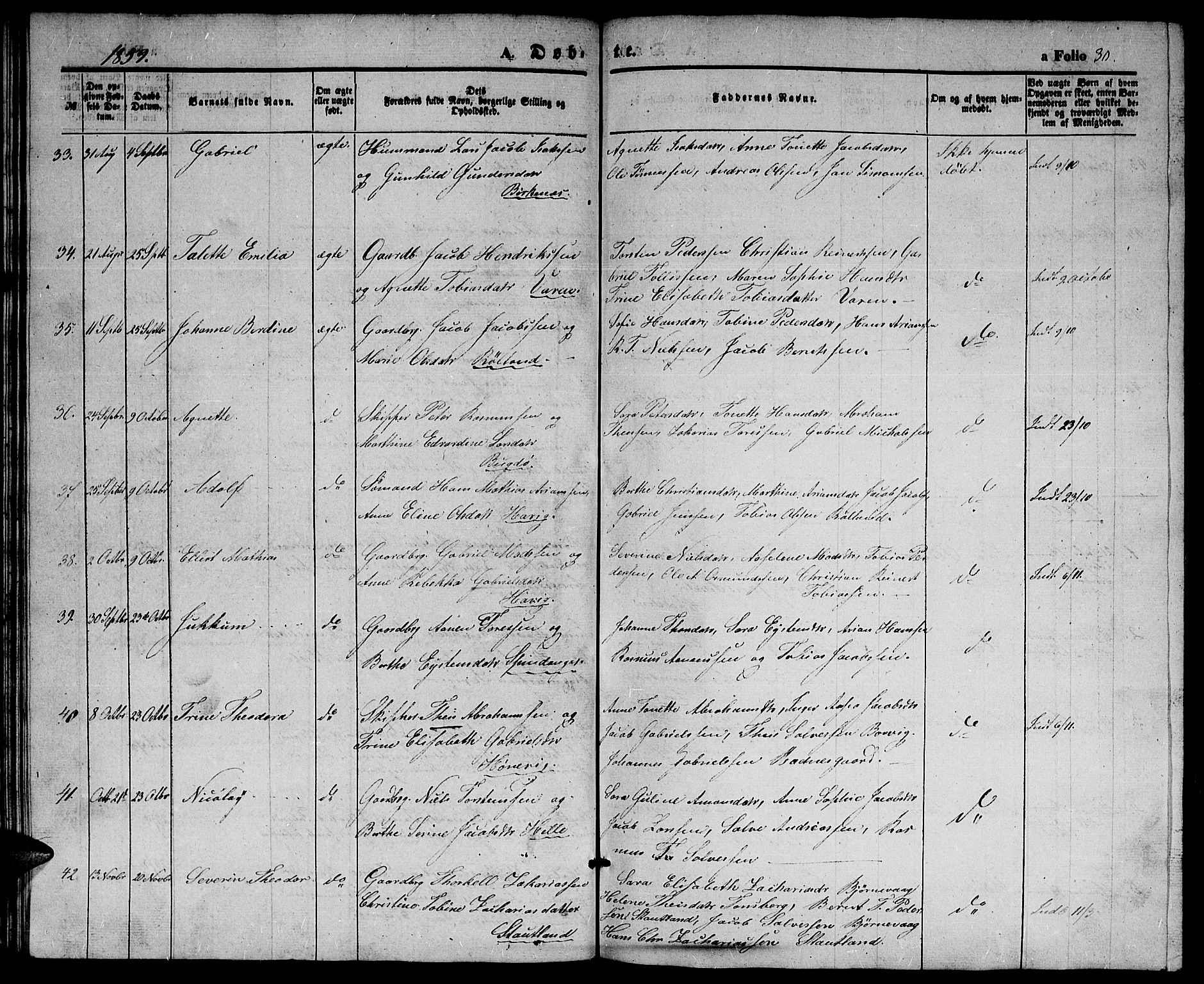 Herad sokneprestkontor, AV/SAK-1111-0018/F/Fb/Fbb/L0002: Parish register (copy) no. B 2, 1853-1871, p. 30