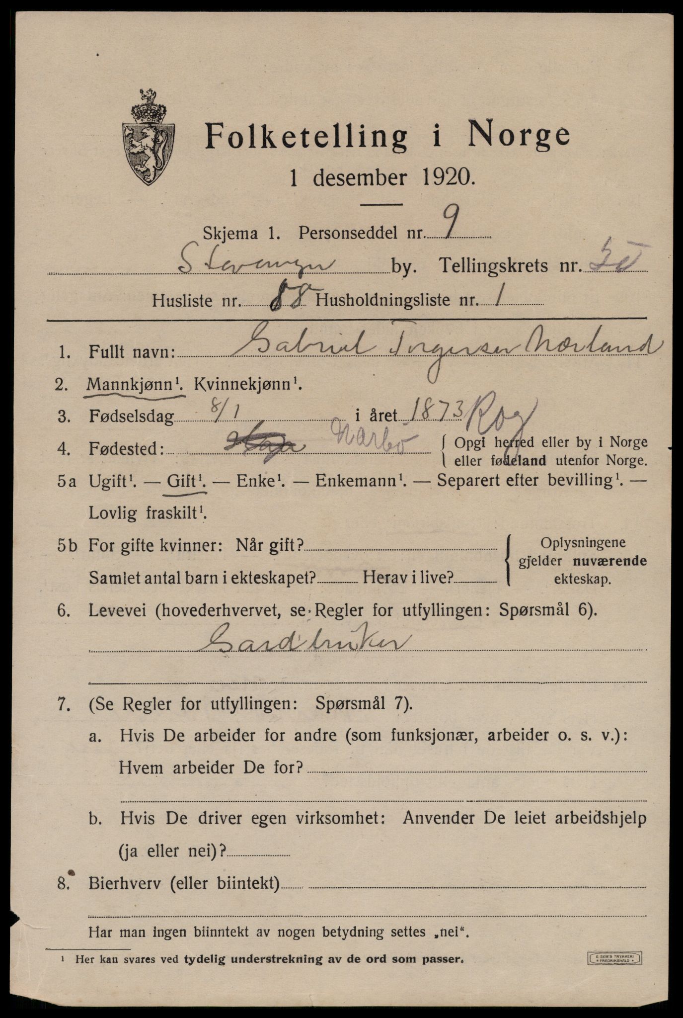 SAST, 1920 census for Stavanger, 1920, p. 120568