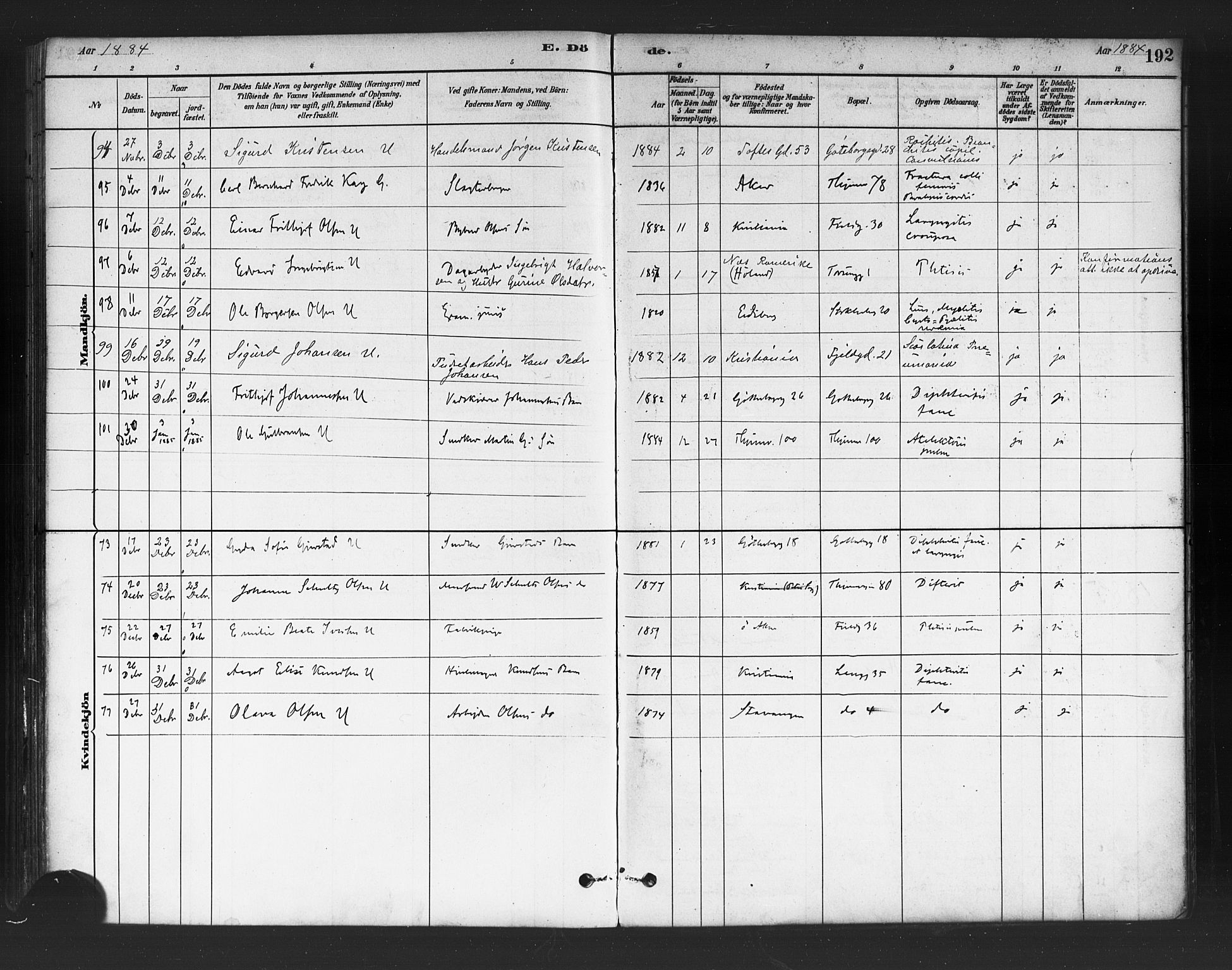 Petrus prestekontor Kirkebøker, AV/SAO-A-10872/F/Fa/L0002: Parish register (official) no. 2, 1881-1896, p. 192