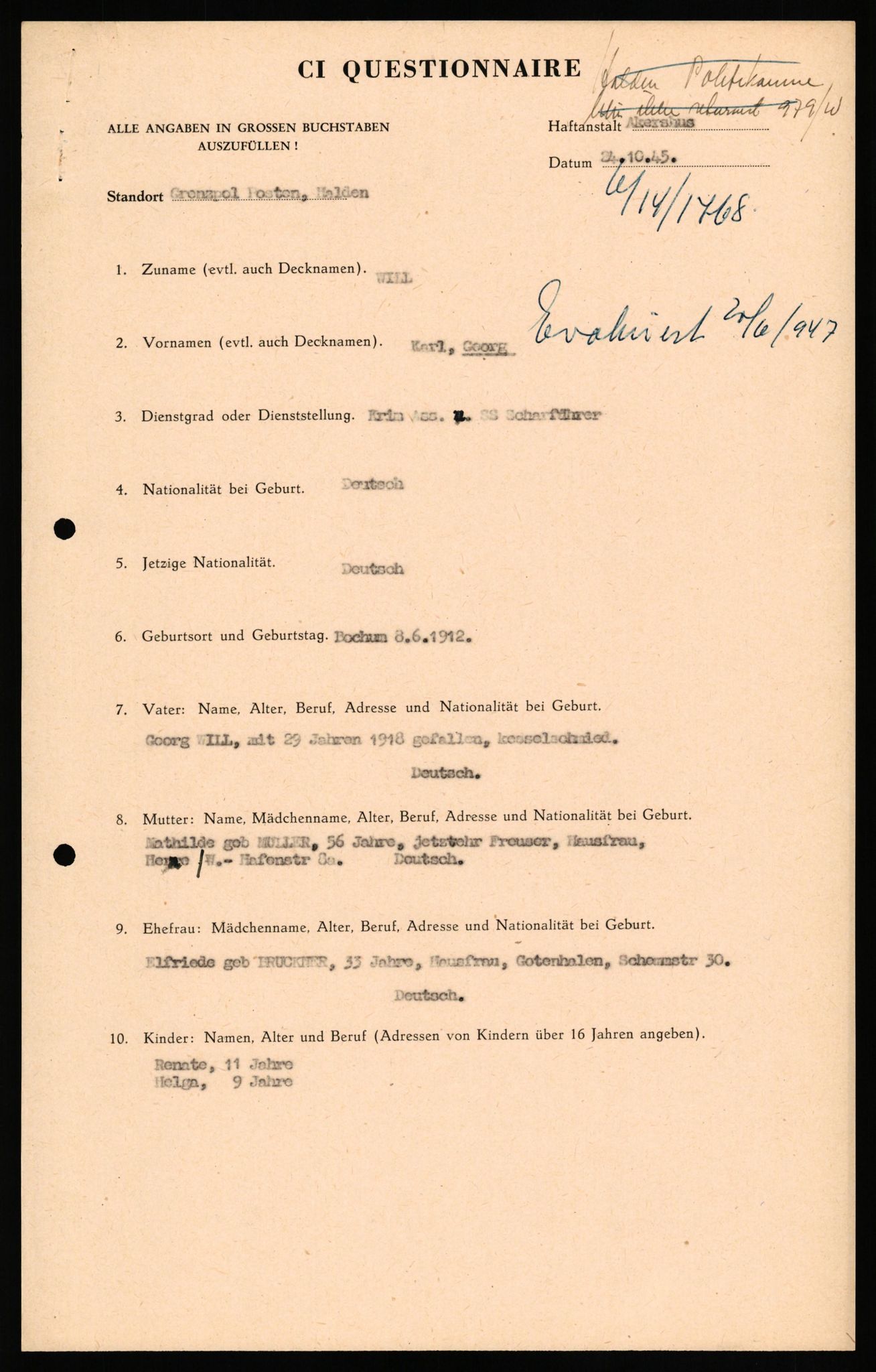 Forsvaret, Forsvarets overkommando II, AV/RA-RAFA-3915/D/Db/L0036: CI Questionaires. Tyske okkupasjonsstyrker i Norge. Tyskere., 1945-1946, p. 73