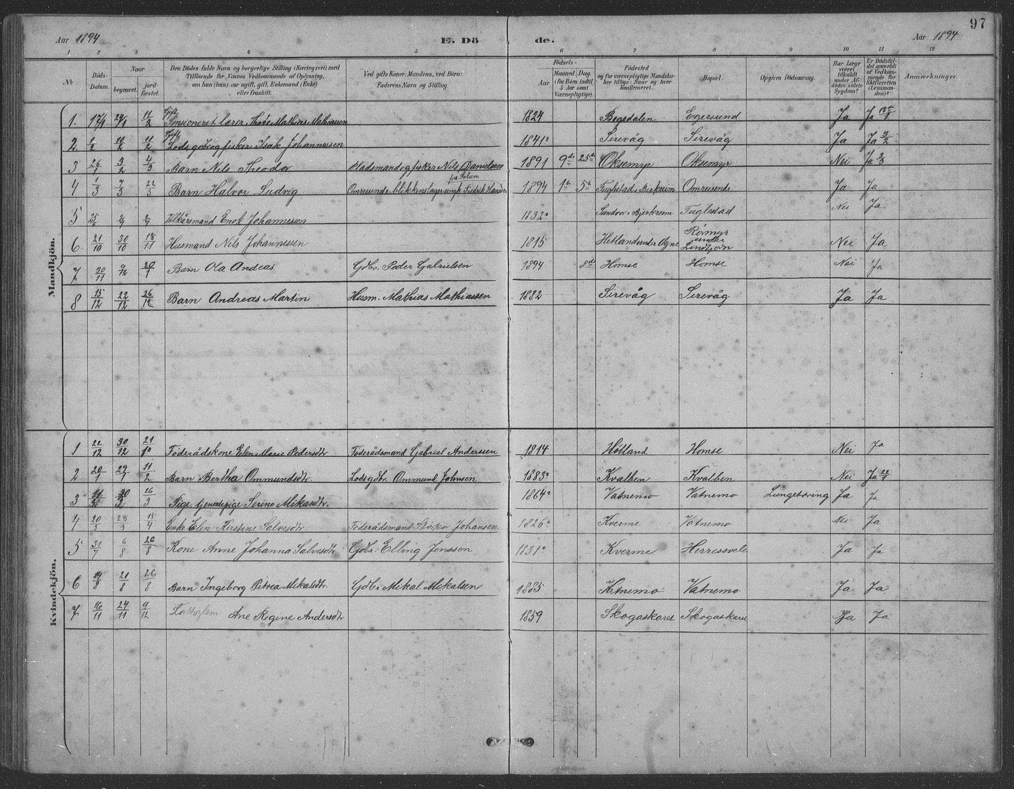Eigersund sokneprestkontor, SAST/A-101807/S09: Parish register (copy) no. B 21, 1890-1915, p. 97