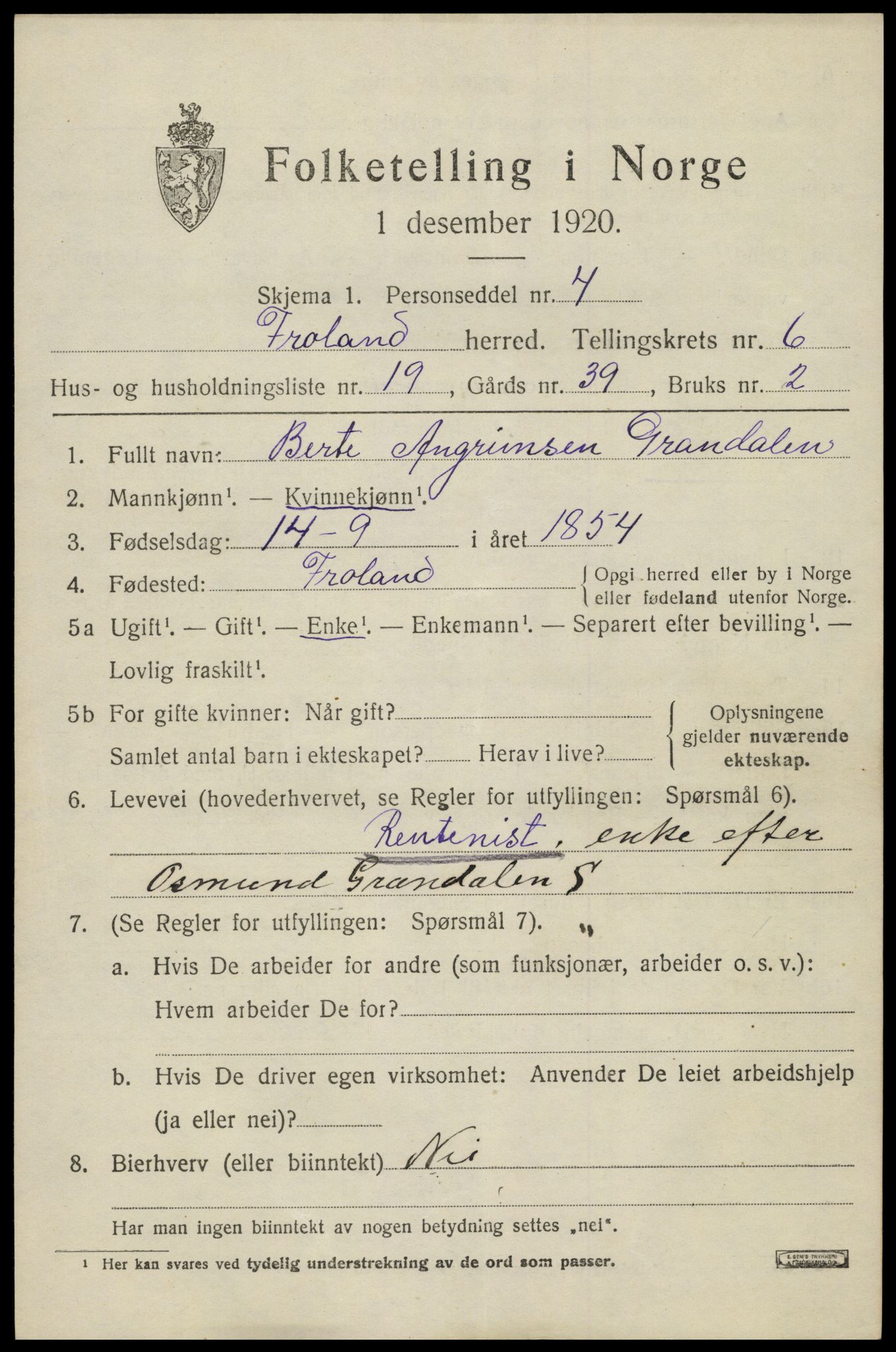 SAK, 1920 census for Froland, 1920, p. 4279