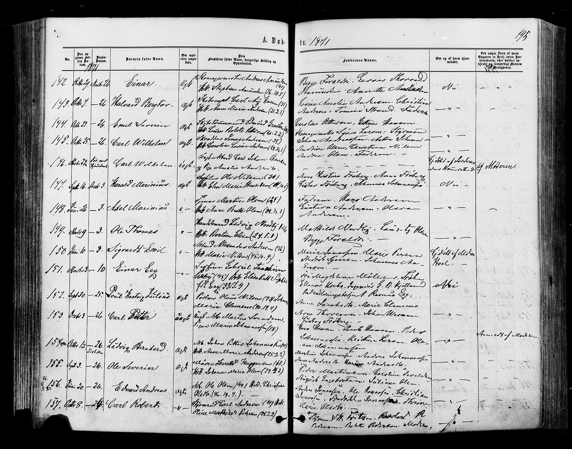 Halden prestekontor Kirkebøker, AV/SAO-A-10909/F/Fa/L0009: Parish register (official) no. I 9, 1866-1877, p. 195