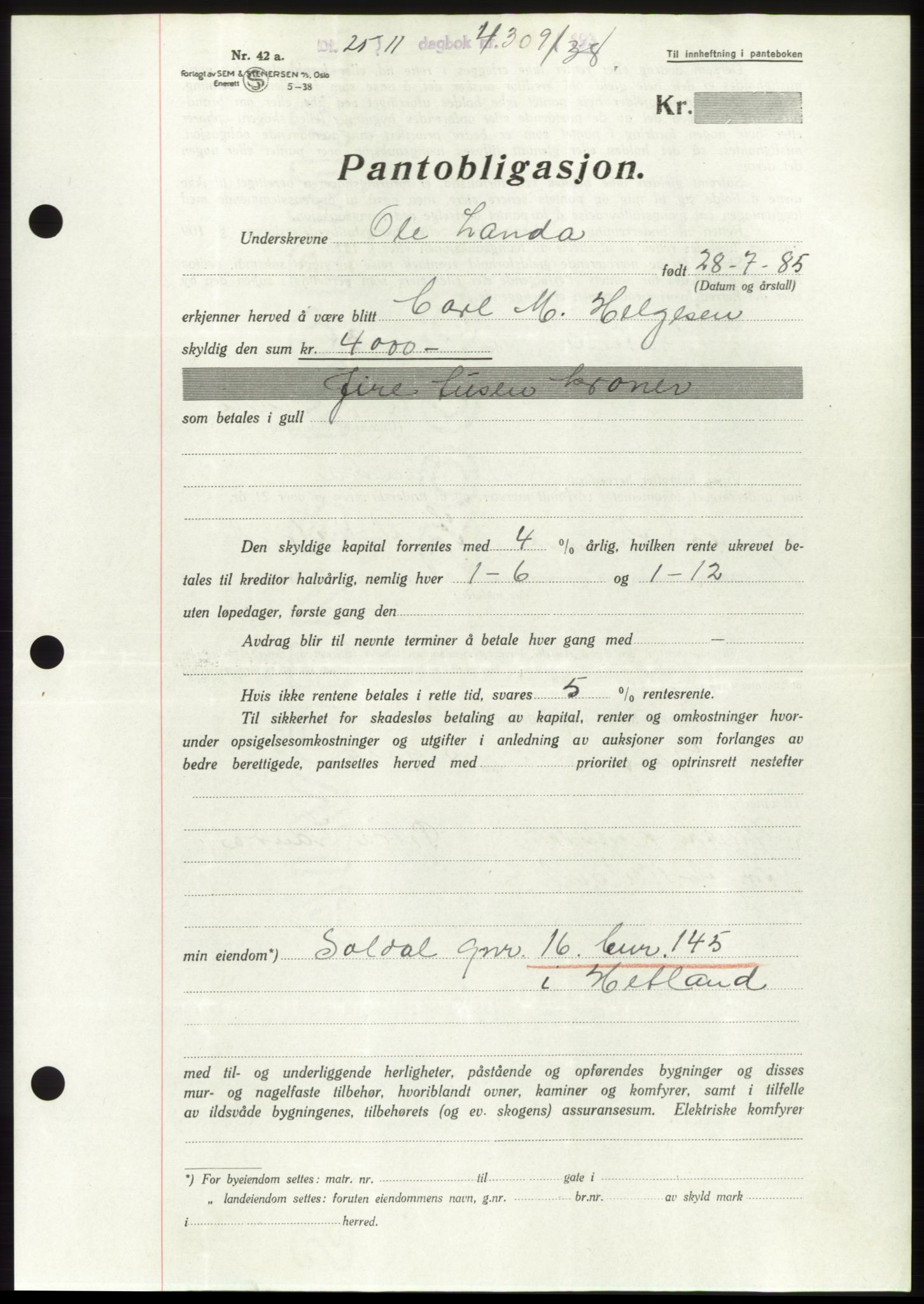 Jæren sorenskriveri, SAST/A-100310/03/G/Gba/L0072: Mortgage book, 1938-1938, Diary no: : 4309/1938