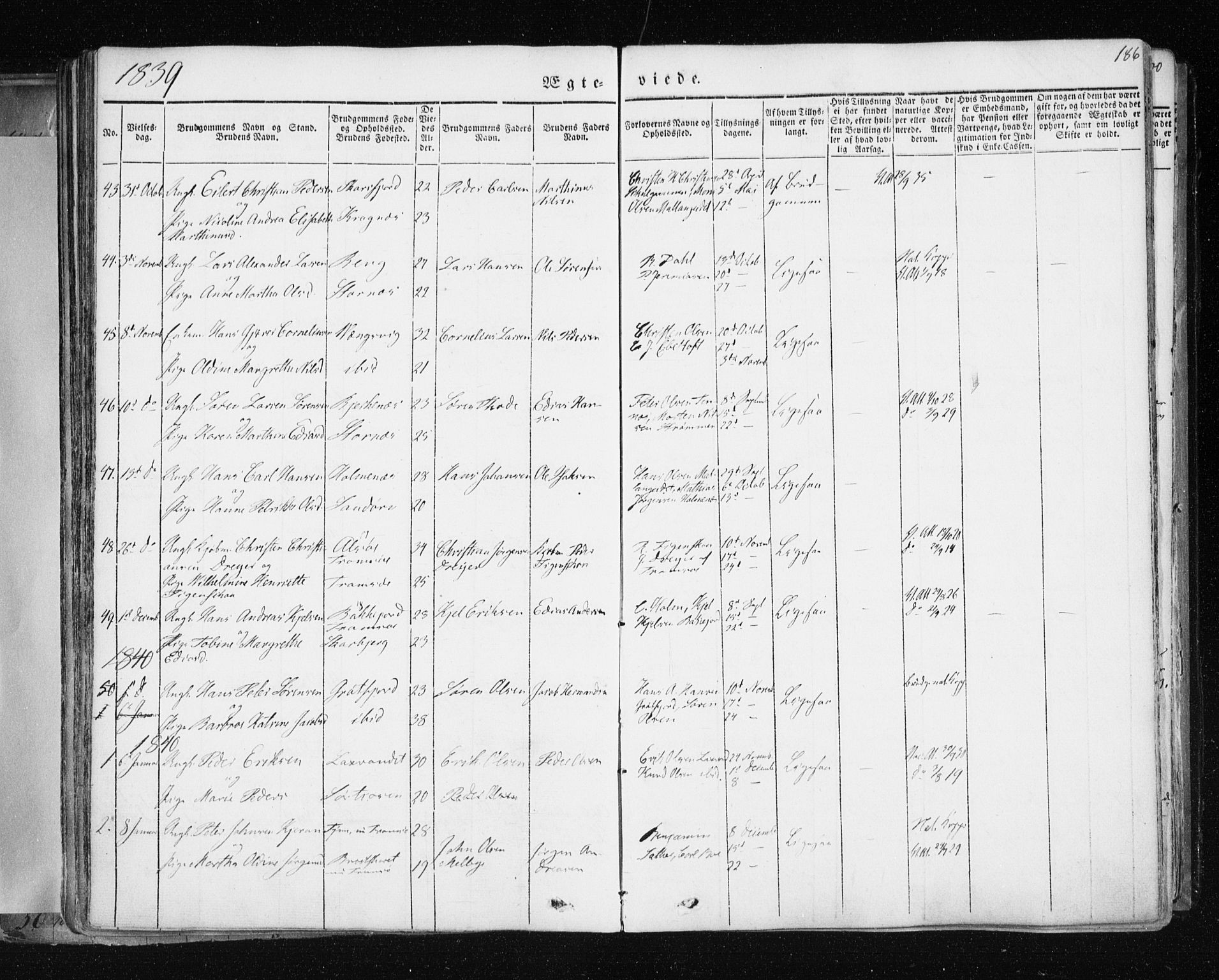 Tromsø sokneprestkontor/stiftsprosti/domprosti, SATØ/S-1343/G/Ga/L0009kirke: Parish register (official) no. 9, 1837-1847, p. 186