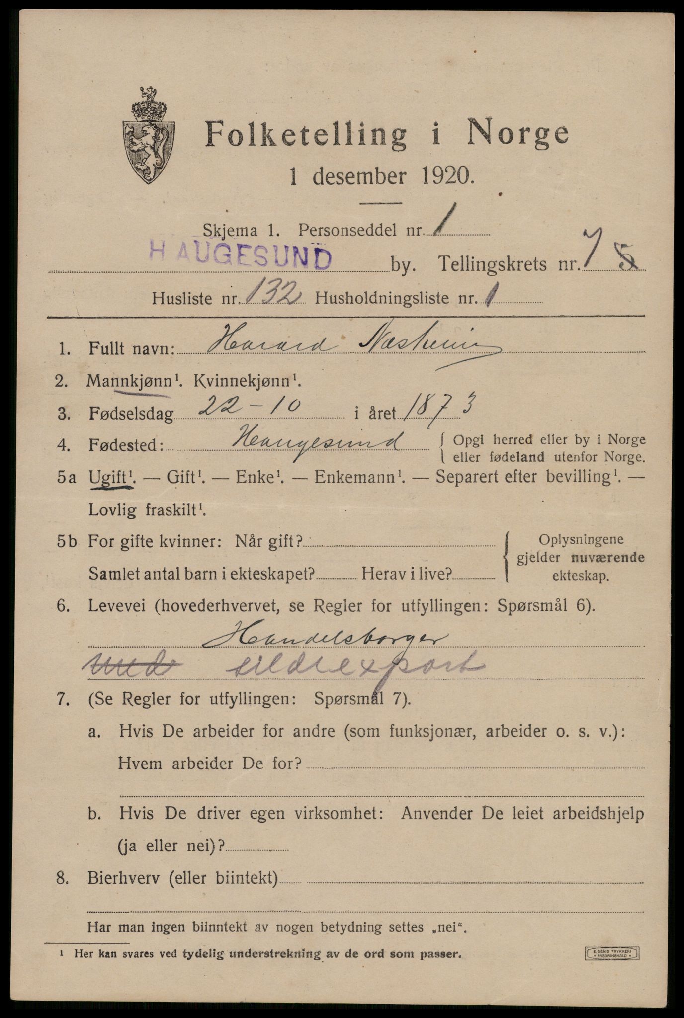 SAST, 1920 census for Haugesund, 1920, p. 27453