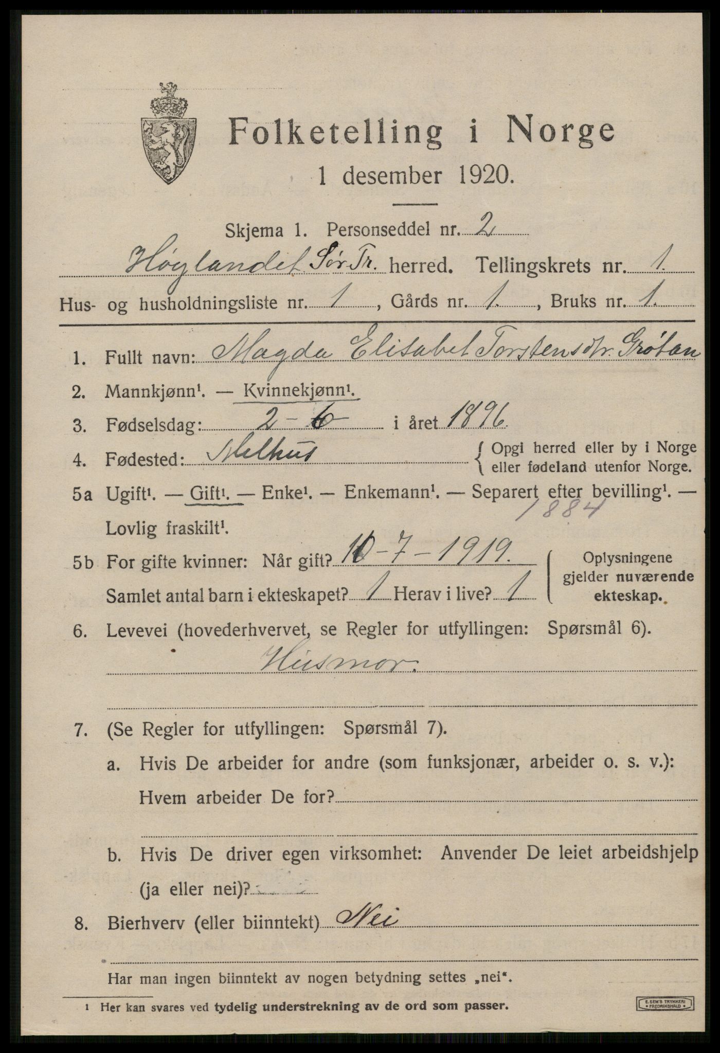 SAT, 1920 census for Hølonda, 1920, p. 405