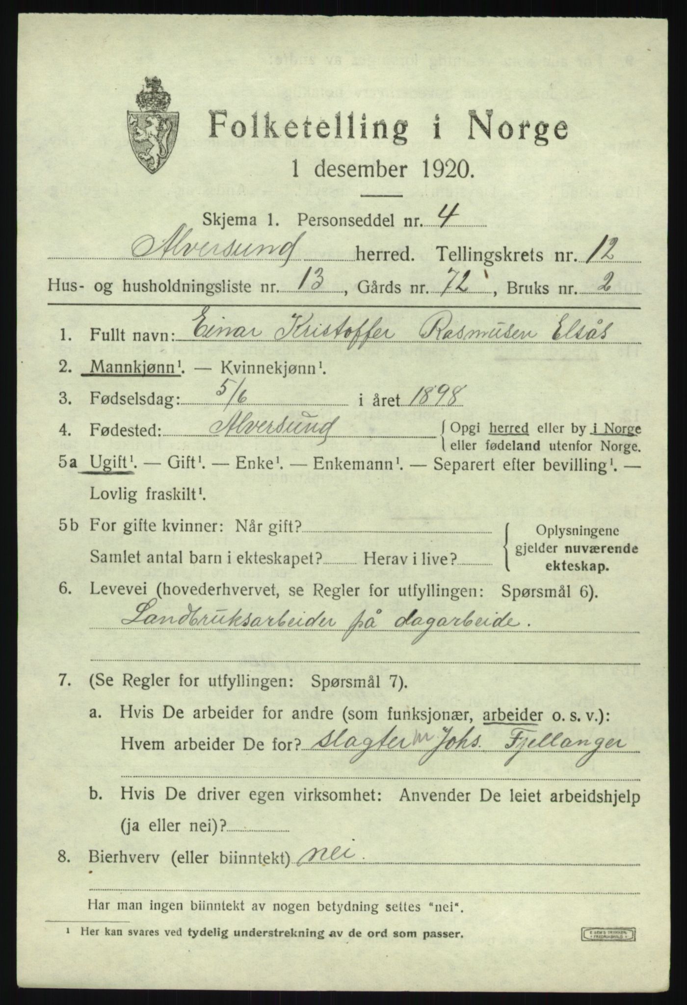 SAB, 1920 census for Alversund, 1920, p. 7148