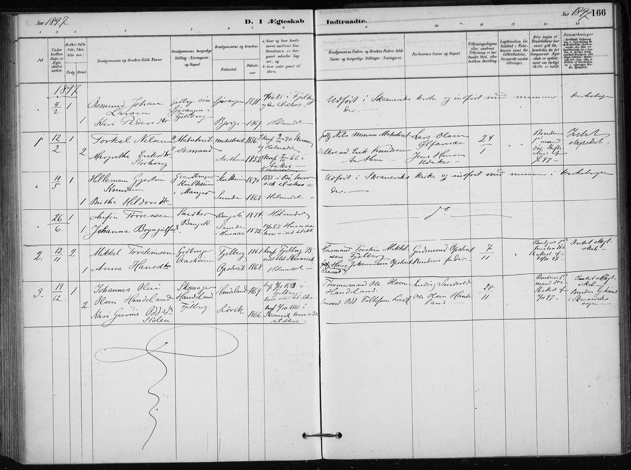 Skånevik sokneprestembete, SAB/A-77801/H/Haa: Parish register (official) no. C  1, 1879-1917, p. 166