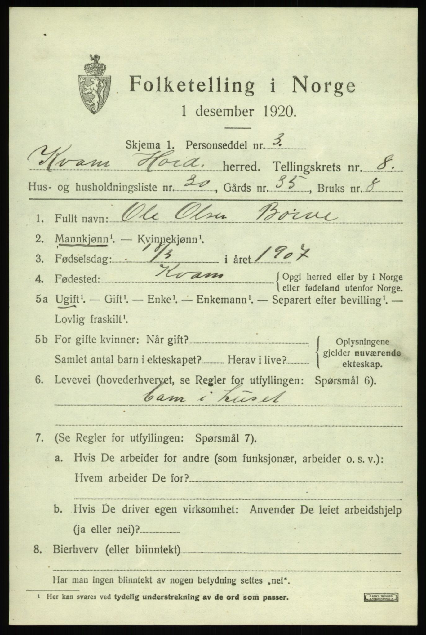 SAB, 1920 census for Kvam, 1920, p. 5425