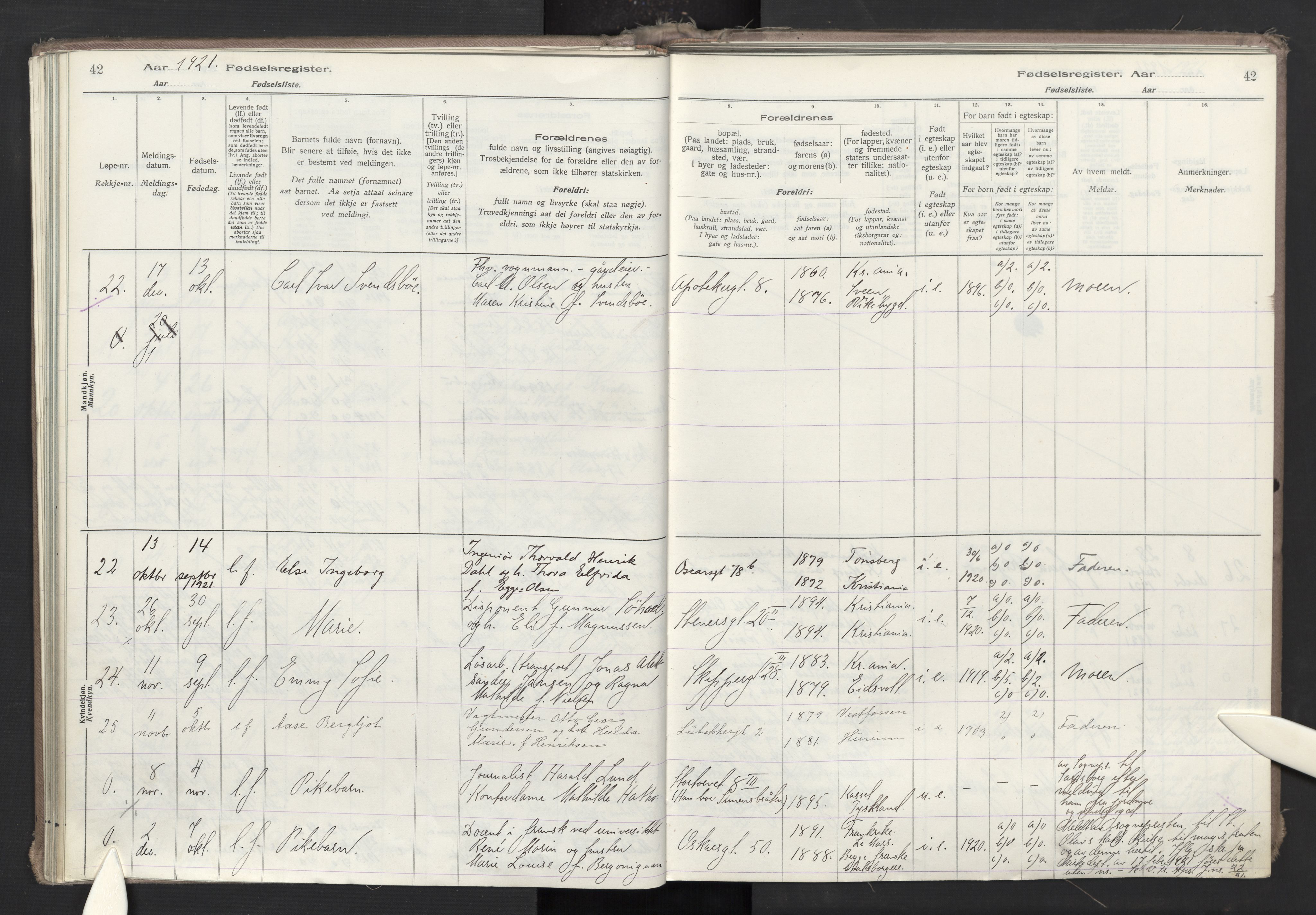 Oslo domkirke Kirkebøker, AV/SAO-A-10752/J/Ja/L0001: Birth register no. 1, 1916-1941, p. 42