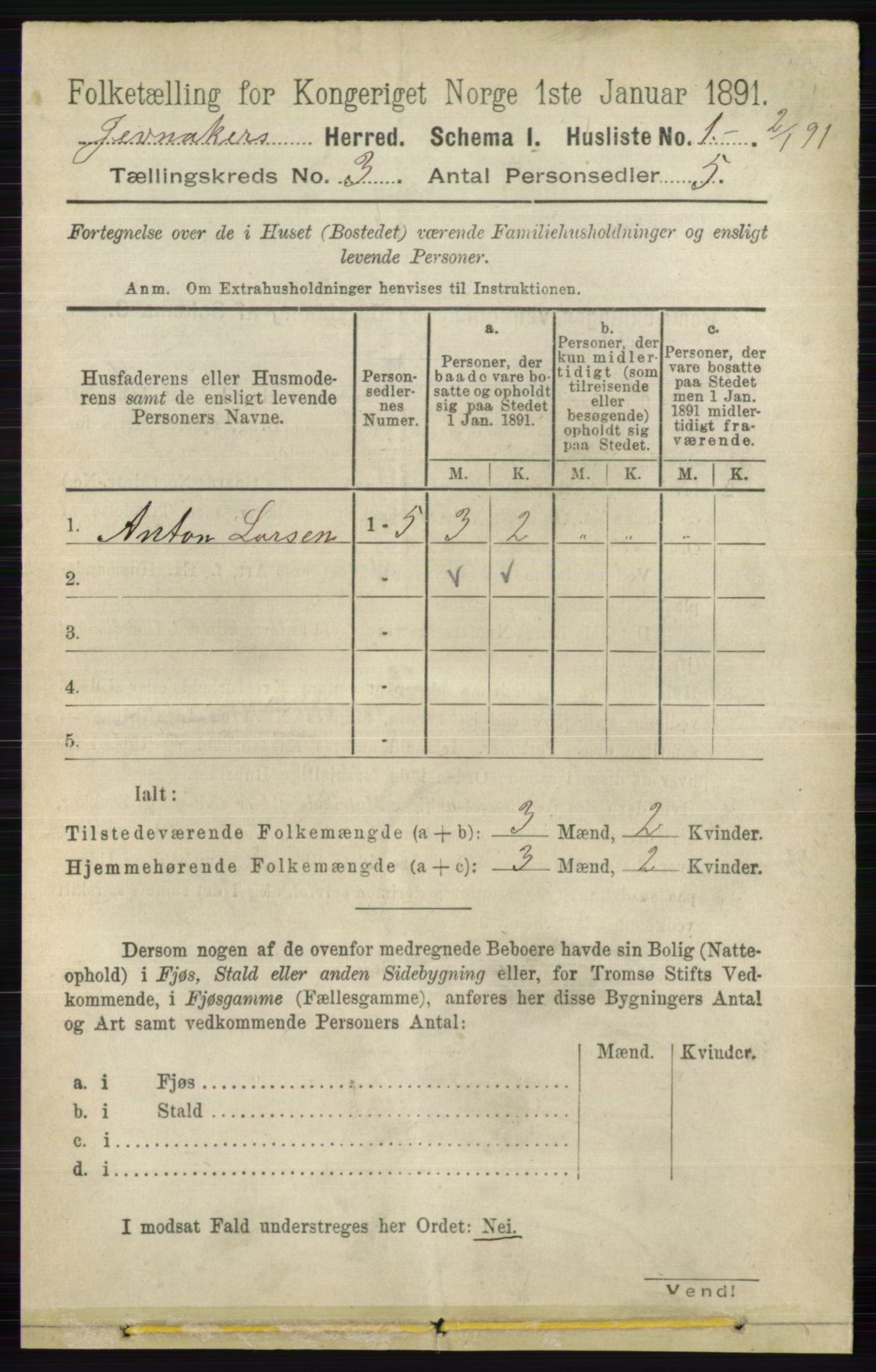 RA, 1891 census for 0532 Jevnaker, 1891, p. 1076