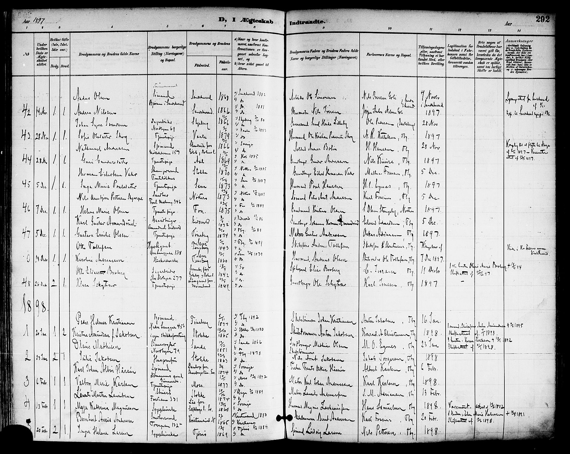 Tønsberg kirkebøker, SAKO/A-330/F/Fa/L0012: Parish register (official) no. I 12, 1891-1899, p. 292