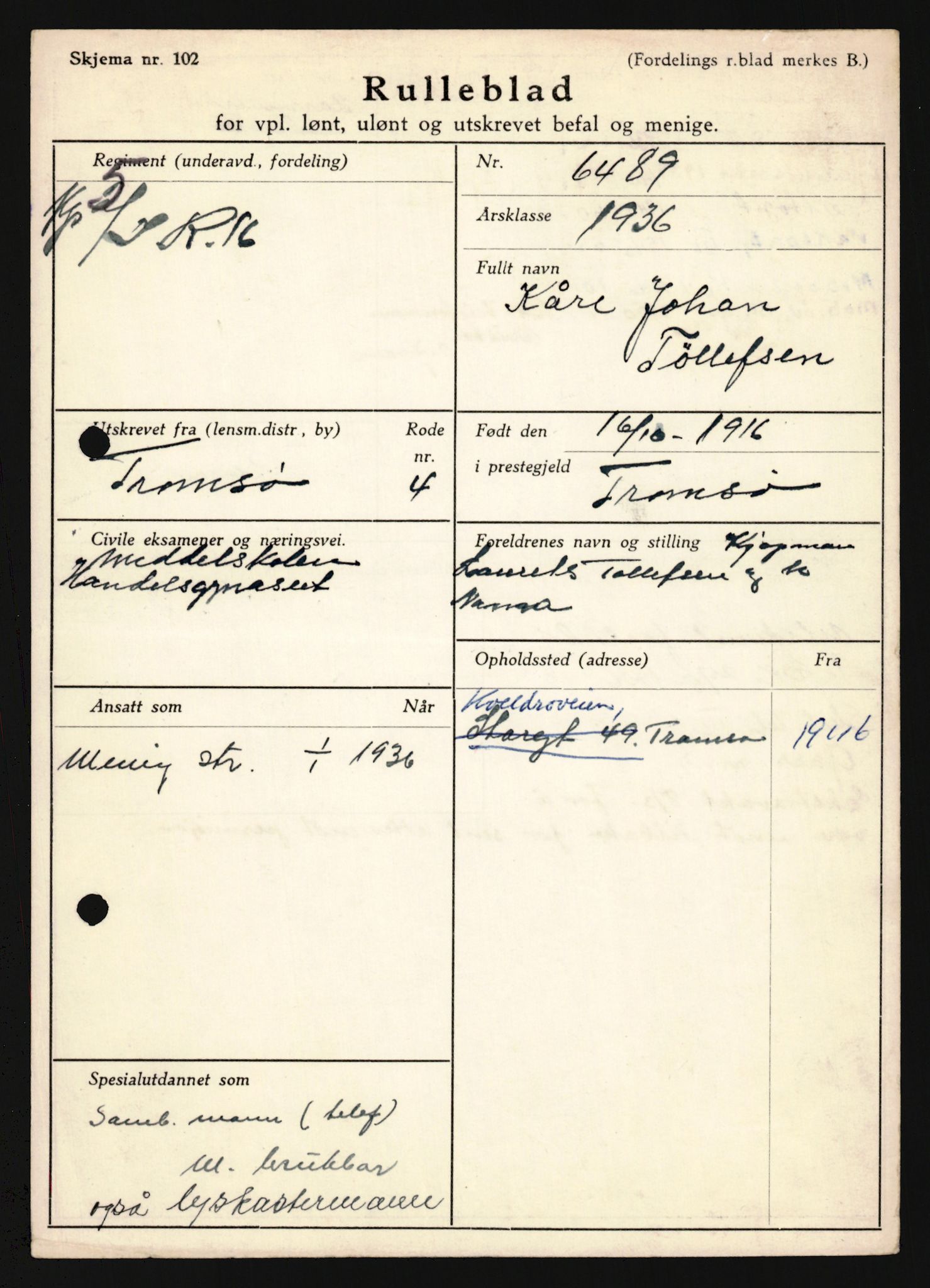 Forsvaret, Troms infanteriregiment nr. 16, AV/RA-RAFA-3146/P/Pa/L0020: Rulleblad for regimentets menige mannskaper, årsklasse 1936, 1936, p. 1315